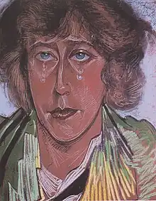 Dessin au pastel. Visage de femme dans des tons chauds. Des larmes sur les joues