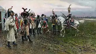 Une patrouille des Lanciers polonais de la Garde impériale ramène à l'Empereur des paysans russes. Huile sur toile - 1886.