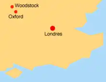 Carte simplifiée à l'extrême du sud-est de l'Angleterre. Seuls figurent les villes de Londres, Oxford au nord-ouest et un tout petit peu plus loin au nord-ouest, Woodstock.