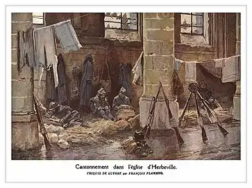 Cantonnement dans l'église d'Herbeville pendant la Première Guerre mondiale, dessin de François Flameng, 1917.