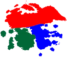 Carte géographique fictive, comportant quelques couleurs.