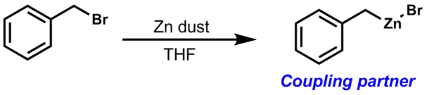 Addition oxydante donnant un précurseur pour couplage de Negishi.