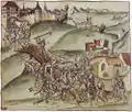 Stüssi défendant le pont de la Sihl (Chronik des Alten Zürichkriegs de Werner Schodoler, 1514)