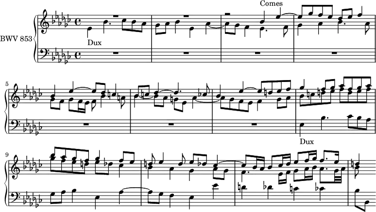 
\version "2.18.2"
\header {
  tagline = ##f
}

DuxNotes         = { ees,4 bes'4. ces8 bes aes | ges aes bes4 ees, aes~ aes8 ges f4 }
Dux              = { s4*0-\markup{Dux} \DuxNotes }
Comes            = { s4*0-\markup{Comes} bes4  ees~ ees8 ges f ees des ees f4 bes, ees~ ees8 des c4 bes8 }

upper = \relative c'' 
{
  \clef treble 
  \key ees \minor
  \time 4/4
  \tempo 4 = 66
  \set Staff.midiInstrument = #"harpsichord" 

   %% FUGUE CBT I-14, BWV 859, fa-dièse mineur

   << { R1*2 r2 \relative c'' { \Comes } c8 des4~ des4. ces8 bes4 ees~ ees8 d ees f ges4 f8 ges aes f ges aes | bes aes ges f ges4 f8 ees d ees4 d8 ees des ces4~ ces8 bes16 aes bes8 ces16 des ees8 f16 ges f8. ees16 d4 } \\ { \Dux ees4. f8 ges4 aes bes4. aes8 ges f ges f16 ees f8 bes4 a8 bes4~ bes8 aes g ees aes4~ aes8 ges f ees f4 ges8 aes bes c d ees f d ees f ges f ees d ees des ces4 | bes aes ges aes8 ges f4. ees16 f ges8 aes16 bes aes8. ges32 aes bes8 } >>
}

lower = \relative c'
 {
  \clef bass 
  \key ees \minor
  \time 4/4
  \set Staff.midiInstrument = #"harpsichord" 
    
  R1*7 \Dux ees4 ees' d des c ces bes8[ bes,]
  
} 

\score {
  \new PianoStaff <<
    \set PianoStaff.instrumentName = #"BWV 853"
    \new Staff = "upper" \upper
    \new Staff = "lower" \lower
  >>
  \layout {
    \context {
      \Score
      \remove "Metronome_mark_engraver"
      %\override SpacingSpanner.common-shortest-duration = #(ly:make-moment 1/2)
    }
  }
  \midi { }
}
