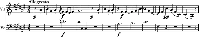 \version "2.18.2"
<<
\new Staff \with { instrumentName = #"V1"}
\relative c'' {
\key fis \major
\tempo " Allegretto"
\time 3/4
\tempo 4 = 120
cis2 \p ais4-! b-! gis-! ais-!
\grace gis8 (fis4)\f fis8 eis fis4 gis2.
cis2 \p ais4-! b-! gis-! ais-!
r fis \f fis ~ fis gis b ~ b
gis eis ~ eis fis cis' \pp
ais (fis cis)
b2 (ais4) \bar ":|."
}
\new Staff \with { instrumentName = #"Vc"}
\relative c {
\key fis \major
\clef "bass"
R1*3/4 R1*3/4 d'2.\f cis4 cis, cis
R1*3/4 R1*3/4 ais'2. \f b
cis fis,2 r4
R1*3/4 R1*3/4 \bar ":|."
}
>>