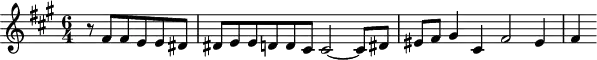 
\version "2.18.2"
\header {
  tagline = ##f
}

\score {
  \new Staff \with {

  }
<<
  \relative c' {
    \clef treble 
    \key fis \minor
    \time 6/4

     %% CONTRE-SUJET fugue CBT I-14, BWV 859, fa-dièse mineur
     \partial 2.
     r8 \transpose cis fis \relative c' { cis8 cis b b ais ais b b a a gis gis2~ gis8 ais bis cis dis4 gis, cis2 bis4 cis4 }

  }
>>
  \layout {
     \context { \Score \remove "Metronome_mark_engraver" 
     %\override SpacingSpanner.common-shortest-duration = #(ly:make-moment 1/2) 
}
  }
  \midi {} 
}
