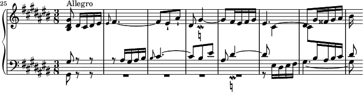 
\version "2.18.2"
\header {
  tagline = ##f
}

Mordaesq = { \tag #'print { gis4~_\mordent_\markup { \natural } } \tag #'midi { gis32 fis gis16~ gis8~ }  }
Mordeesq = { \tag #'print { dis4~_\mordent_\markup { \natural } } \tag #'midi { dis32 cis dis16~ dis8~ }  }

upper = \relative c'' {
  \clef treble 
  \key cis \major
  \time 3/8
  \tempo 8 = 152
  \set Staff.midiInstrument = #"harpsichord" 
  %\context Score \applyContext #(set-bar-number-visibility 2)
  \set Score.currentBarNumber = #25
  \bar ""
   %% PRÉLUDE CBT II-3, BWV 872, ut-dièse majeur
   \bar "||"
   < gis dis bis >8^\markup{Allegro} dis16[ cis dis \tempo 8 = 120 eis] \tempo 8 = 40 \grace eis8 \tempo 8 = 152 fis4.~ fis8 eis-! ais-! dis,8 \Mordaesq gis8 fis16 eis fis gis eis4. dis8 gis16 fisis gis ais bis
}

lower = \relative c {
  \clef bass 
  \key cis \major
  \time 3/8
  \set Staff.midiInstrument = #"harpsichord" 
    
   << { gis'8 r8 r8 | r8 ais16 gis ais \tempo 8 = 120 bis \tempo 8 = 40 \grace bis8 \tempo 8 = 152 cis4.~ cis8 bis eis ais, \Mordeesq dis8 \stemDown \change Staff = "upper" cis4~ cis8 \change Staff = "lower" \stemUp bis16 ais bis cis dis8 } \\ { gis,,8 r8 r8 R4.*4 r8 eis'16 dis eis fis gis4.~ gis8 } >>
    
} 


 thePianoStaff = \new PianoStaff <<
    \set PianoStaff.instrumentName = #""
    \new Staff = "upper" \upper
    \new Staff = "lower" \lower
  >>

\score {
  \keepWithTag #'print \thePianoStaff
  \layout {
    \context {
      \Score
      \remove "Metronome_mark_engraver"
    }
  }
}

\score {
  \keepWithTag #'midi \thePianoStaff
  \midi { }
}
