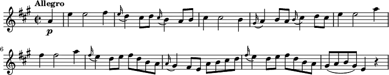 \relative c'' {
\version "2.18.2"
\key a \major
\tempo "Allegro"
\time 2/2
\partial2 \partial4 a4\p e'4 e2 fis4
\grace e16 (d4) cis8 d \grace cis16 (b4) a8 b
cis4 cis2 b4
\grace gis16 (a4) b8 a \grace b16 (cis4) d8 cis
e4 e2 a4 fis4 fis2 a4
\grace fis16 (e4) d8 e fis d b a
\grace a16 (gis4) fis8 e a b cis d
\grace fis16 (e4) d8 e fis d b a
gis (a b gis) e4 r4
}