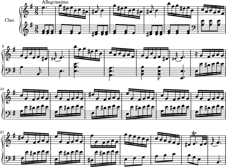 \version "2.18.2"
\header {
  tagline = ##f
}
%% les petites notes
trillEq     = { \tag #'print { e8.\trill dis32 e } \tag #'midi { \times 2/3 { fis32 e fis } e8~ dis32 e } }
AppoFis     = { \tag #'print { \appoggiatura e32 fis4. } \tag #'midi { e8 fis4 } }
upper = \relative c'' {
  \clef treble 
  \key e \minor
  \time 3/8
  \tempo 4. = 72
  \set Staff.midiInstrument = #"harpsichord"
    s8*0^\markup{Allegrissimo}
    e4. | \repeat unfold 2 { g16 dis e b c ais | ais8 b4 } | \repeat unfold 2 { b'16 fis g dis e b |
    % ms. 7
    c16 a b g a fis | g e b' e, fis dis | \appoggiatura dis32 e4. }
    % ms. 14
    r16 g fis g a g | \repeat unfold 2 { c g fis g a g | b g fis g a g | dis' g, fis g a g | e' g, fis g a g }
    % ms. 23
    fis'16  g, fis g a g | g' fis e d c b | 
    % ms. 25
    c16 b a g fis e | dis8 \trillEq |   \tempo 4. = 60 \AppoFis |
}
lower = \relative c' {
  \clef bass
  \key e \minor
  \time 3/8
  \set Staff.midiInstrument = #"harpsichord"
    % **************************************
       \clef treble  < e g >8 q q | q q e | < dis fis >8 q q | < e g > q e | < dis fis >8 q q | < e g > q q |
      % ms. 7
        \clef bass < a, e' >8 q q | b4 b,8 | e4. | < e b' e >4. | < a, e' a > | < b e b' >4 q8 |
      % ms. 13
      < e, e' >4. | e'16 e' dis e fis e | \repeat unfold 2 { a, e' dis e fis e | g, e' dis e fis e | fis, e' dis e fis e | e, e' dis e fis e } | dis, e' dis e fis e | e,8 fis g
      % ms. 25
      a8 b c | b g e | b4.
} 
thePianoStaff = \new PianoStaff <<
    \set PianoStaff.instrumentName = #"Clav."
    \new Staff = "upper" \upper
    \new Staff = "lower" \lower
  >>
\score {
  \keepWithTag #'print \thePianoStaff
  \layout {
      #(layout-set-staff-size 17)
    \context {
      \Score
     \override SpacingSpanner.common-shortest-duration = #(ly:make-moment 1/2)
      \remove "Metronome_mark_engraver"
    }
  }
}
\score {
  \keepWithTag #'midi \thePianoStaff
  \midi { }
}