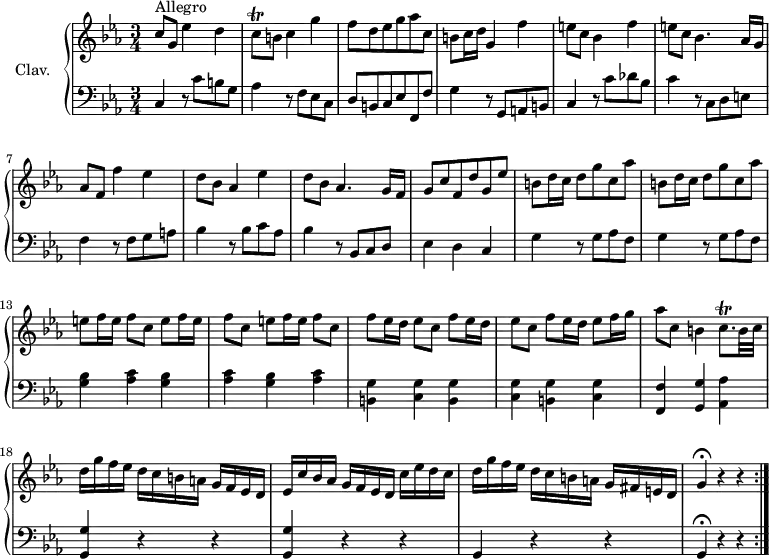 
\version "2.18.2"
\header {
  tagline = ##f
  % composer = "Domenico Scarlatti"
  % opus = "K. 73"
  % meter = "Allegro"
}

%% les petites notes
trillCq        = { \tag #'print { c8\trill } \tag #'midi { d32 c d c } }
trillCqp       = { \tag #'print { c8.\trill } \tag #'midi { d32 c d c~ c16 } }

upper = \relative c'' {
  \clef treble 
  \key c \minor
  \time 3/4
  \tempo 4. = 80
  \set Staff.midiInstrument = #"harpsichord"
  \override TupletBracket.bracket-visibility = ##f

  \repeat volta 2 {
      s8*0^\markup{Allegro}
      c8 g ees'4 d | \trillCq b8 c4 g' | f8 d ees g aes c, | b c16 d g,4 f' |
      % ms. 5
      e8 c bes4 f' | e8 c bes4. aes16 g | aes8 f f'4 ees | d8 bes aes4 ees' | d8 bes aes4. g16 f |
      % ms. 10
      g8 c f, d' g, ees' | \repeat unfold 2 { b d16 c d8 g c, aes' } | \repeat unfold 3 { e8 f16 e f8 c }
      % ms. 15
      \repeat unfold 2 { f8 ees16 d ees8 c } f8 ees16 d ees8 f16 g | aes8 c, b4 \trillCqp b32 c |
      % ms. 18
      d16 g f ees d c b a g f ees d | ees c' bes aes  g f ees d  c' ees d c | d g f ees d c b a g fis e d | g4\fermata r4 r4 }%repet

}

lower = \relative c' {
  \clef bass
  \key c \minor
  \time 3/4
  \set Staff.midiInstrument = #"harpsichord"
  \override TupletBracket.bracket-visibility = ##f

  \repeat volta 2 {
    % ************************************** \appoggiatura a16  \repeat unfold 2 {  } \times 2/3 { }   \omit TupletNumber 
      c,4 r8 c'8 b g | aes4 r8 f8 ees c | d b c ees f, f' | g4 r8 g,8 a b |
      % ms. 5
      c4 r8 c'8 des bes | c4 r8 c,8 d e | f4 r8 f8 g a | bes4 r8 bes c aes | bes4 r8 bes,8 c d 
      % ms. 10
      ees4 d c |  \repeat unfold 2 { g' r8 g aes f } | \repeat unfold 3 { < g bes >4  < aes c > }
      % ms. 15
      \repeat unfold 3 { < b, g' >4 < c g' > } < f, f' >4 < g g' > < aes aes' >
      % ms. 18
      \repeat unfold 2 { < g g' >4 r4 r4 } g4 r4 r4 | g4\fermata r4 r4 }%repet

}

thePianoStaff = \new PianoStaff <<
    \set PianoStaff.instrumentName = #"Clav."
    \new Staff = "upper" \upper
    \new Staff = "lower" \lower
  >>

\score {
  \keepWithTag #'print \thePianoStaff
  \layout {
      #(layout-set-staff-size 17)
    \context {
      \Score
     \override SpacingSpanner.common-shortest-duration = #(ly:make-moment 1/2)
      \remove "Metronome_mark_engraver"
    }
  }
}

\score {
  \keepWithTag #'midi \thePianoStaff
  \midi { }
}
