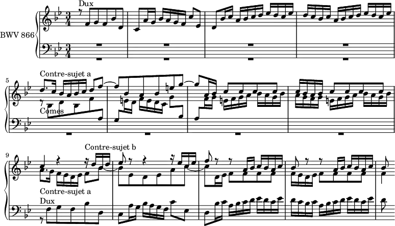 \version "2.18.2"
\header {
tagline = ##f
}
Dux = { r8^\markup{Dux} f8 g f bes d, c a'16 g bes a g f c'8 ees, d bes'16 c a bes c d ees d c ees d c bes c a bes c d ees d c ees }
Comes = { \stemDown \change Staff ="upper" d8\rest_\markup{Comes} bes8 d bes f' \stemUp \change Staff ="lower" a, g \stemDown \change Staff ="upper" e'16 d f e d c g'8 \stemUp \change Staff ="lower" bes, a \stemDown \change Staff ="upper" f'16 g e f g a bes a g bes a g f g e f g a bes a g bes }
ContreSujetA = { d8.^\markup{Contre-sujet a} c16 bes a bes c d8 f~ f bes, a bes e g~ g a,16 bes \repeat unfold 4 { c8 } c16 bes a bes \repeat unfold 4 { c8 } c4 }
ContreSujetB = { r16^\markup{Contre-sujet b} d16 bes d ees8 r8 r4 r16 ees16 c ees f8 \repeat unfold 2 { r8 r8 a,16 bes c bes a c bes8 } }
upper = \relative c' {
\clef treble
\key bes \major
\time 3/4
\tempo 4 = 92
\set Staff.midiInstrument = #"harpsichord"
%% FUGUE CBT I-21, BWV 866, si-bémol majeur
<< { \Dux \ContreSujetA r4 \ContreSujetB } \\ { s2.*8 a8._\markup{Contre-sujet a} g16 f ees d ees f8 bes8~ bes ees, d ees a c~ c d,16 ees \repeat unfold 4 { f8 } f16 ees d ees \repeat unfold 4 { f8 } f4 } >> % voix alto ms. 9
}
lower = \relative c {
\clef bass
\key bes \major
\time 3/4
\set Staff.midiInstrument = #"harpsichord"
<< { R2.*4 \relative c' \Comes } \\ { R2.*8 \relative c \Dux d'8 } >>
}
\score {
\new PianoStaff <<
\set PianoStaff.instrumentName = #"BWV 866"
\new Staff = "upper" \upper
\new Staff = "lower" \lower
>>
\layout {
\context {
\Score
\remove "Metronome_mark_engraver"
\override SpacingSpanner.common-shortest-duration = #(ly:make-moment 1/2)
}
}
\midi { }
}