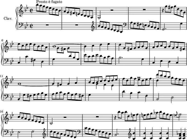 \version "2.18.2"
\header {
tagline = ##f
% composer = "Domenico Scarlatti"
% opus = "K. 373"
% meter = "Presto è fugato"
}
%% les petites notes
trillEesp = { \tag #'print { ees8\prall } \tag #'midi { f32 ees f ees } }
upper = \relative c'' {
\clef treble
\key g \minor
\time 2/2
\tempo 2 = 96
\set Staff.midiInstrument = #"harpsichord"
\override TupletBracket.bracket-visibility = ##f
s8*0^\markup{Presto è fugato}
bes'8 a g f ees d c bes | a8 g fis e d c bes a | g2 r2 | R1 |
% ms. 5
r4 g''8 fis g d bes g | ees' c d ees d bes c a | bes1~ | bes4 c d ees |
% ms. 9
d4 g,8 fis g a bes g | a bes c a bes g a fis | g1~ | g4 fis g a | \stemUp
% ms. 13
bes8 a bes c d c d ees | \stemNeutral f d g f \trillEesp d8 ees f | << { d'8 c bes a } \\ { d,4 } >> g8 f ees d | c bes a g f ees d c |
% ms. 17
bes2 r2 | R1 | r4 bes''8 a bes d, e f | e f g aes bes g f e |
% ms. 21
\appoggiatura e8 f2
}
lower = \relative c' {
\clef bass
\key g \minor
\time 2/2
\set Staff.midiInstrument = #"harpsichord"
\override TupletBracket.bracket-visibility = ##f
% ************************************** \appoggiatura a16 \repeat unfold 2 { } \times 2/3 { } \omit TupletNumber
R1*2 | \clef treble bes'8 a g f ees d c bes | \clef bass a8 g fis e d c bes a |
% ms. 5
g2. g'4 | c, c' fis, d | g \stemDown \change Staff = "upper" g'8 fis g \stemUp \change Staff = "lower" d bes g | \stemNeutral ees' c d ees d bes c a |
% ms. 9
bes2. g4 | c, ees d c | bes g'8 fis g a bes g | a bes c a bes g a fis |
% ms. 13
g4 \stemDown \change Staff = "upper" g' f ees | \stemNeutral \change Staff = "lower" d bes c f, | bes,2 d | ees f | \clef treble
% ms. 17
d''8 c bes a g f ees d | \clef bass c bes a g f ees d c | bes2. \clef treble < bes' bes' >4 | < c bes' > q q q |
% ms. 21
< c f aes >4 q
}
thePianoStaff = \new PianoStaff <<
\set PianoStaff.instrumentName = #"Clav."
\new Staff = "upper" \upper
\new Staff = "lower" \lower
>>
\score {
\keepWithTag #'print \thePianoStaff
\layout {
#(layout-set-staff-size 17)
\context {
\Score
\override SpacingSpanner.common-shortest-duration = #(ly:make-moment 1/2)
\remove "Metronome_mark_engraver"
}
}
}
\score {
\keepWithTag #'midi \thePianoStaff
\midi { }
}