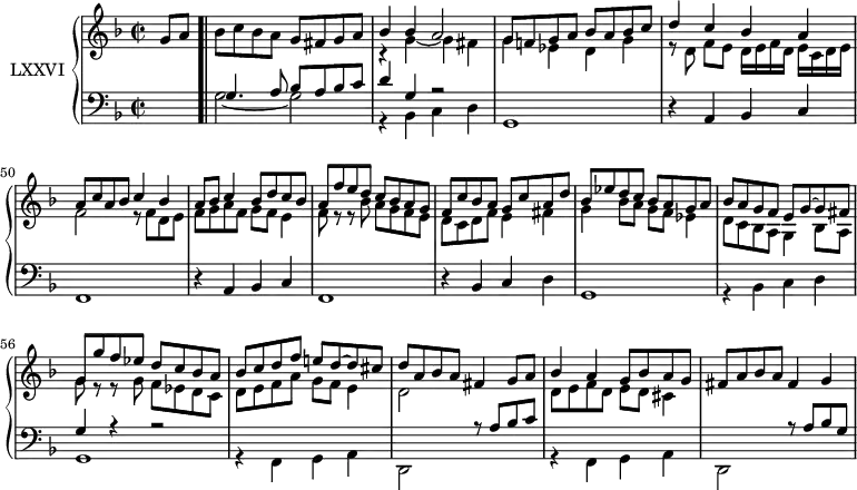 
\version "2.14.2"
\header {
  tagline = ##f
}
upper = \relative c'' {
  \clef treble 
  \key f \major
  \time 2/2
  \tempo 2 = 48
  %\autoBeamOff
  \set Staff.midiInstrument = #"harpsichord"

  \partial 4 g8 a \bar ".|"
  bes8 c bes a g fis g a 
  << { bes4 bes a2 } \\ { r4 g4~ g4 fis } >>
  << { g8 f! g a bes a bes c } \\ { g4 ees d g } >>
  << { d'4 c bes a } \\ { r8 d,8 f[ e] d16[ e f d] e[ c d e] } >>
  << { a8 c a bes c4 bes } \\ { f2 r8 f d e } >>
  << { a8 bes c4 bes8 d c bes } \\ { f8 g a f g f e4 } >>
  << { a8 f' e d c bes a g } \\ { f8 r8 r8 bes8 a g f e } >>
  %%% 8
  << { f8 c' bes a g c a d } \\ { d, c d f e4 fis } >>
  << { bes8 ees d c bes a g a } \\ { g4  bes8 a g f ees4 } >>
  << { bes'8 a g f e g~ g fis } \\ { d8 c bes a g4 bes8 a  } >>
  << { g'8 g' f ees d c bes a } \\ { g8 r8 r8 g8 f ees d c } >>
  %%% 12
  << { bes'8 c d f e! d~ d cis } \\ { d,8 e f a g f e4 } >>
  << { d'8 a bes a fis4 g8 a } \\ { d,2 } >>
  << { bes'4 a g8 bes a g } \\ { d8 e f d e d cis4 } >>
  fis8 a bes a fis4 g

}

lower = \relative c' {
  \clef bass
  \key f \major
  \time 2/2
  \set Score.currentBarNumber = #46
  \set Staff.midiInstrument = #"harpsichord"
   
   s4
   << { g4. a8 bes a bes c } \\ { g2~ g } >>
   << { d'4 g, r2 } \\ { r4 bes,4 c d g,1 } >>
   r4 a4 bes c f,1
   r4 a4 bes c f,1
   r4 bes4 c d g,1
   << { s1 g'4 r4 r2 } \\ { r4 bes,4 c d g,1 } >>
   << { s1 s2 r8 a'8 bes c } \\ { r4 f,,4 g a d,2 s2 } >>
   << { s1 s2 r8 a''8 bes g } \\ { r4 f,4 g a d,2 s2 } >>
   
} 

\score {
  \new PianoStaff <<
    \set PianoStaff.instrumentName = #"LXXVI"
    \new Staff = "upper" \upper
    \new Staff = "lower" \lower
  >>
  \layout {
    \context {
      \Score
      \remove "Metronome_mark_engraver"
    }
  }
  \midi { }
}
