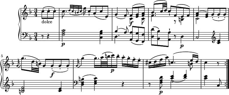 \version "2.18.2"
\header {
tagline = ##f
}
upper = \relative c' {
\clef "treble"
\tempo " Andante cantabile"
\key f \major
\time 3/4
\tempo 4 = 60
\partial 4. c'8-. _ \markup {dolce} (c-. c-.)
c8. \grace { d32 ( c b c} f16) c8-! a (c e,)
g4 (f8) <<{\stemDown c4\f c8 f4. g,8\rest b4 c2 s4} \\ {\stemUp f8 ^(<e g>8 <f a>) bes8. ^(c32 d) c8-! f, ^(e f) <f a>4 ^(<e g>8) g8-. (g-. g-.)}>>
\grace g32 (g'8.) (d32 b) g8 g8-.\f (g-. g-.)
\grace g32 (g'4) (g16.) a64 (b c16 \p) b-. a-. g-. f-. e-.
cis (d f a) <<{\stemDown s4. b,8} \\ { \stemUp c4. ^( e16 d)}>>
c4 r8 \bar ":|."
}
lower =\relative c {
\clef "bass"
\key f \major
\time 3/4
\partial 4. r8 r4
<f a c>2 \p <c g' bes>4
<<{\stemDown d4. } \\ {\stemUp bes'4 ^(a8) }>> <a, a'>8 (<g g'> <f f'>)
<d' d'> ^(<bes bes'>) <a a'-!> r d4\p
c2 \clef "treble" <c'e>4 <b d f>2 <c e>4
\clef "bass" <d, f b>4 (<e g c>) r4
r8 <f a d>8\p <<{\stemDown g2} \\ {\stemUp <c e>4 (<d f>)}>>
<c e>4 c,8 \bar ":|."
}
\score {
\new PianoStaff <<
\new Staff = "upper" \upper
\new Staff = "lower" \lower
>>
\layout {
\context {
\Score
\remove "Metronome_mark_engraver"
}
}
\midi { }
}