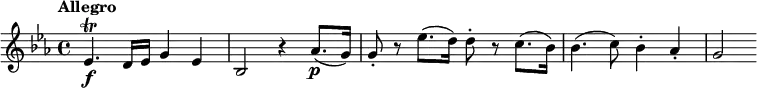 
\relative c' {
  \version "2.18.2"
  \tempo "Allegro"
  \key es \major
  es4.\f\trill d16 es g4 es |
  bes2 r4 as'8.(\p g16) |
  g8-. r es'8.( d16) d8-. r c8.( bes16) |
  bes4.( c8) bes4-. as-. |
  g2
}
