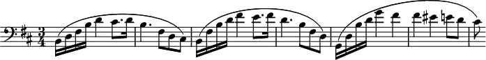 \header {
tagline = ##f
}
\score {
\new Staff \with {
}
<<
\relative c {
\key b \minor
\time 3/4
\clef bass
\override TupletBracket #'bracket-visibility = ##f
%\autoBeamOff
%%%%%%%%%%%%%%%%%%%%%%%%%% Préludes Opus 28/6
b16( d fis b d4 cis8. d16 b4. fis8 d cis)
b16( fis' b d fis4 e8. fis16 d4. b8 fis d)
g,16( d' b' d g4 fis fis eis e!8 d cis )
}
>>
\layout {
\context {
\remove "Metronome_mark_engraver"
}
}
\midi {}
}