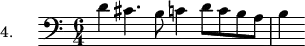 
\version "2.18.2"
\header {
  tagline = ##f
}

\score {
  \new Staff \with {

  }
<<
  \relative c' {
    \set Staff.instrumentName = #"4."
    \clef bass
    \key c \major
    \time 6/4
    \set Staff.midiInstrument = #"recorder" 
     %%%%%% section 4
     d4 cis4. b8 c!4 d8 c b a b4

  }
>>
  \layout {
     \context { \Score \remove "Metronome_mark_engraver" }
  }
  \midi {}
}
