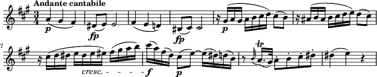 
\relative c'' {
  \version "2.18.2"
  \key a \major
  \time 3/4
  \tempo "Andante cantabile"
  \tempo 4 = 70  
  a4\p  (gis fis)
  dis8\fp (e) e2
  fis4 (e d!)
  bis8\fp (cis) cis2
  r16 gis'\p (a gis a b cis d) cis8 (b)
  r16 ais (b ais b cis d e) d8 (cis)
  r16 cis (d dis e dis\cresc e eis) fis (gis a b)
  cis\f (a) fis (d) cis8\p (e) ~ e16 (dis) d (b)
  r8 \grace b32 (a16.)\trill (gis32) a8-. b-. cis-. dis-.
  dis4 (e) r
 
}
