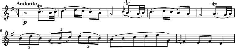 \relative c'' {
\version "2.18.2"
\key g \major
\time 3/4
\tempo "Andante"
b2\p c8.\trill (b32 c)
d4. (e16 d c8) b-.
a2 \grace c16 (b8.)\trill (a32 b)
c4. (d16 c b8) a-.
g2 a8.\trill (g32 a)
\tuplet 3/2 {b8 (d b)} \tuplet 3/2 {g8 (b c)} \tuplet 3/2 {d8 (c b)}
a8 (b c d e g,)
\grace g16 (fis4) e8 fis d4
}