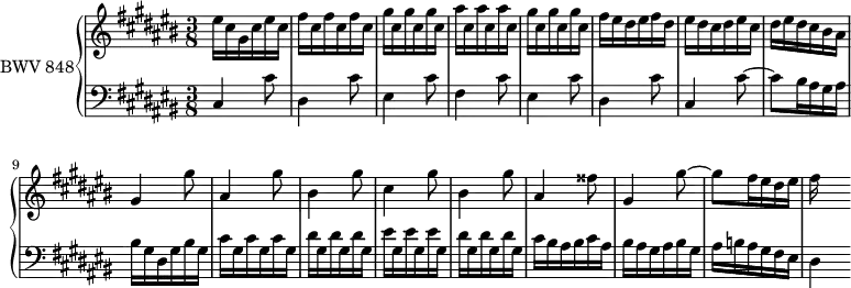 \version "2.18.2"
\header {
tagline = ##f
}
upper = \relative c'' {
\clef treble
\key cis \major
\time 3/8
\tempo 4. = 76
\set Staff.midiInstrument = #"harpsichord"
%% PRÉLUDE CBT I-3, BWV 848, ut-dièse majeur
eis16 cis gis cis eis cis \repeat unfold 3 { fis cis } \repeat unfold 3 { gis' cis, } \repeat unfold 3 { ais' cis, } \repeat unfold 3 { gis' cis, }
fis16 eis dis eis fis dis eis dis cis dis eis cis dis eis dis cis bis ais gis4 gis'8 ais,4 gis'8 bis,4 gis'8 cis,4 gis'8 bis,4 gis'8 ais,4 fisis'8 gis,4 gis'8~ gis fis16 eis dis eis fis
}
lower = \relative c {
\clef bass
\key cis \major
\time 3/8
\set Staff.midiInstrument = #"harpsichord"
cis4 cis'8 dis,4 cis'8 eis,4 cis'8 fis,4 cis'8 eis,4 cis'8 dis,4 cis'8 cis,4 cis'8~ cis bis16 ais gis ais bis gis dis gis bis gis \repeat unfold 3 { cis gis } \repeat unfold 3 { dis' gis, } \repeat unfold 3 { eis' gis, } \repeat unfold 3 { dis' gis, } cis bis ais bis cis ais bis ais gis ais bis gis ais b ais gis fis eis dis4
}
\score {
\new PianoStaff <<
\set PianoStaff.instrumentName = #"BWV 848"
\new Staff = "upper" \upper
\new Staff = "lower" \lower
>>
\layout {
\context {
\Score
\remove "Metronome_mark_engraver"
\override SpacingSpanner.common-shortest-duration = #(ly:make-moment 1/2)
}
}
\midi { }
}