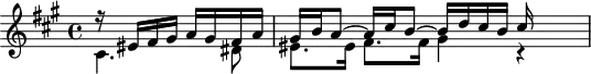 \version "2.18.2"
\header {
tagline = ##f
}
\score {
\new Staff \with {
}
<<
\relative c' {
\clef treble
\key a \major
\time 4/4
\set Staff.midiInstrument = #"harpsichord"
%% SUJET fugue CBT II-19, BWV 888, la majeur — mesure 9
\partial 2
<< { r16 eis16 fis gis a gis fis a gis b a8~ a16 cis b8~ b16 d cis b cis } \\ { cis,4. dis8 eis8. eis16 fis8. fis16 gis4 r4 } >>
}
>>
\layout {
\context { \Score \remove "Metronome_mark_engraver"
\consists "Horizontal_bracket_engraver"
%\override SpacingSpanner.common-shortest-duration = #(ly:make-moment 1/3)
}
}
\midi {}
}