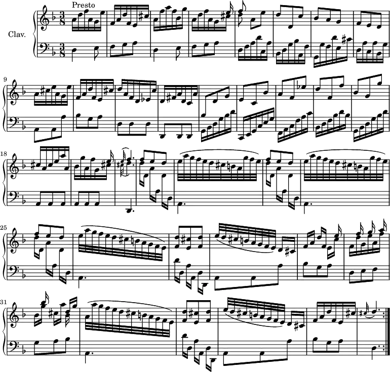 
\version "2.18.2"
\header {
  tagline = ##f
  % composer = "Domenico Scarlatti"
  % opus = "K. 10"
  % meter = "Presto"
}

%% les petites notes
appoDp     = { \tag #'print {   \tempo 4. = 50 \appoggiatura cis32 d4.   \tempo 4. = 62 } \tag #'midi { cis8 d4 } }

upper = \relative c'' {
  \clef treble 
  \key d \minor
  \time 3/8
  \tempo 4. = 62
  \set Staff.midiInstrument = #"harpsichord"
  \override TupletBracket.bracket-visibility = ##f

  \repeat volta 2 {
      s8*0^\markup{Presto}
      a16 d f a, g e' | f, a d f, e cis' | a f' a f bes, g' | << { s4 s16 e16 | f8 } \\ { a,16 d f a, g cis | d8 } >> a8 e' | d d, c' | bes a g |
      % ms. 8
      f8 e d | a'16 cis e a, g e' | f, a d f, e cis' | d a f d ees c' | d, fis a d, c a' | \stemUp \change Staff = "lower" bes,8 \change Staff = "upper" d g | e c bes' | 
      % ms. 15
      a f ees' | d f, f' | bes, g g' | cis,16 a cis e a a, | << { s4 s16 e'16 \appoggiatura e32 f4. } \\ { bes,16 g' a, f' g, cis \appoggiatura cis32 d4. } >> | f8 e d |
      % ms. 22
      \repeat unfold 2 { \stemDown e32( a g f e d cis b a g' f e) | \stemUp f8 e d } | \stemDown e32( a g f e d cis b a g f e) | \stemUp < f d' >8 < e cis' > < f d' > |
      % ms. 28
      e'32( d cis b a g f e) d16[ cis] | f16[ a] d[ f,] 
      << { s16 e' | s16 f s16 g s16 a s16 bes s8 d,16 g } 
      \\ { e,16 c' | f, d' g, e' a, f' | bes,[ g'] cis,[ a'] bes, } >> | 
      \stemDown a32( a' g f e d cis b a g f e) | \stemUp < f d' >8 < e cis' > < f d' > |
      % ms. 34
      e'32( d cis b a g f e) d16[ cis] | f16 a d f, e cis' \appoDp }%reprise

}

lower = \relative c' {
  \clef bass
  \key d \minor
  \time 3/8
  \set Staff.midiInstrument = #"harpsichord"
  \override TupletBracket.bracket-visibility = ##f

  \repeat volta 2 {
    % ************************************** \appoggiatura a8  \repeat unfold 2 {  } \times 2/3 { }   \omit TupletNumber 
      \repeat unfold 2 { d,4 e8 | f g a } | d,16 f a d c, a' | bes, d g bes a, f' | g, g' f d' e, cis' |
      % ms. 8
      d,16 a' c, a' bes, g' | a,8  a a' | bes g a | d, d d | d, d d | g16 bes d g bes d | c,, e g c e g |
      % ms. 15
      f,16 a c f a c | bes, d f bes d bes | g, bes d g bes d | a,8 a a | a a a | d,4. \repeat unfold 3 { \stemDown \change Staff = "upper"  d'''16[ d,] a'[ \change Staff = "lower" a,] \change Staff = "upper" d \change Staff = "lower" d, | a4. } | d'16[ d,] a'[ a,] d[ d,] |
      % ms. 28
      a'8 a a' | bes g a | d, e f | g a bes | a,4. | d'16[ d,] a'[ a,] d[ d,] |
      % ms. 34
      a'8 a a' | bes g a | d,4. }%reprise

}

thePianoStaff = \new PianoStaff <<
    \set PianoStaff.instrumentName = #"Clav."
    \new Staff = "upper" \upper
    \new Staff = "lower" \lower
  >>

\score {
  \keepWithTag #'print \thePianoStaff
  \layout {
      #(layout-set-staff-size 17)
    \context {
      \Score
     \override SpacingSpanner.common-shortest-duration = #(ly:make-moment 1/2)
      \remove "Metronome_mark_engraver"
    }
  }
}

\score {
  \unfoldRepeats 
  \keepWithTag #'midi \thePianoStaff
  \midi { }
}
