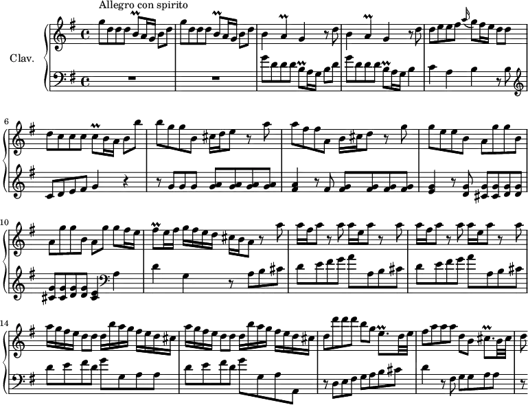 \version "2.18.2"
\header {
tagline = ##f
% composer = "Domenico Scarlatti"
% opus = "K. 169"
% meter = "Allegro con spirito"
}
%% les petites notes
trillBq = { \tag #'print { b8\prall } \tag #'midi { c32 b c b } }
trillA = { \tag #'print { a4\prall } \tag #'midi { b32 a b a~ a8 } }
trillCq = { \tag #'print { c8\prall } \tag #'midi { d32 c d c } }
trillFisq = { \tag #'print { fis8\prall } \tag #'midi { g32 fis g fis } }
trillEqp = { \tag #'print { e8.\prall } \tag #'midi { fis32 e fis e~ e16 } }
trillCisqp = { \tag #'print { cis8.\prall } \tag #'midi { d32 cis d cis~ cis16 } }
upper = \relative c'' {
\clef treble
\key g \major
\time 4/4
\tempo 4 = 102
\set Staff.midiInstrument = #"harpsichord"
\override TupletBracket.bracket-visibility = ##f
s8*0^\markup{Allegro con spirito}
\repeat unfold 2 { g'8 d d d \trillBq a16 g b8 d }
% ms. 3
\repeat unfold 2 { b4 \trillA g4 r8 d'8 } | d8 e e fis \appoggiatura a16 g8 fis16 e d8 d |
% ms. 6
d8 c c c \trillCq b16 a b8 b' | b g g b, cis16 d e8 r8 a8 | a fis fis a, b16 cis d8 r8 g8 |
% ms. 9
g8 e e b \repeat unfold 2 { a g' g b, } a g' g fis16 e | \trillFisq e16 fis g fis e d cis b a8 r8 \repeat unfold 2 { a'8 |
% ms. 12
a16 fis a8 r8 a8 a16 e a8 r8 } a8 | \repeat unfold 2 { a16 g fis e d8 d8 d16 b' a g fis e d cis } |
% ms. 16
d8 d' d d b g \trillEqp d32 e | fis8 a a a d, b \trillCisqp b32 cis | d8
}
lower = \relative c' {
\clef bass
\key g \major
\time 4/4
\set Staff.midiInstrument = #"harpsichord"
\override TupletBracket.bracket-visibility = ##f
% ************************************** \appoggiatura a16 \repeat unfold 2 { } \times 2/3 { } \omit TupletNumber
R1*2 | g'8 d d d \trillBq a16 g b8 d | g8 d d d \trillBq a16 g b4 | c a b r8 b8 | \clef treble
% ms. 6
c8 d e fis g4 r4 | r8 g8 g g < g a > q q q | < fis a >4 r8 fis8 < fis g > q q q |
% ms. 9
< e g >4 r8 < d g >8 \repeat unfold 2 { < cis g' > q < d g > q } < cis e >4 | \clef bass a4 | d g, r8 a8 b cis |
% ms. 12
\repeat unfold 2 { d8 e fis g a a, b cis } | d e fis d g g, a a |
% ms. 15
d8 e fis d g g, a a, | r8 d8 e fis g a b cis | d4 r8 fis,8 g g a a | r8
}
thePianoStaff = \new PianoStaff <<
\set PianoStaff.instrumentName = #"Clav."
\new Staff = "upper" \upper
\new Staff = "lower" \lower
>>
\score {
\keepWithTag #'print \thePianoStaff
\layout {
#(layout-set-staff-size 17)
\context {
\Score
\override SpacingSpanner.common-shortest-duration = #(ly:make-moment 1/2)
\remove "Metronome_mark_engraver"
}
}
}
\score {
\keepWithTag #'midi \thePianoStaff
\midi { }
}