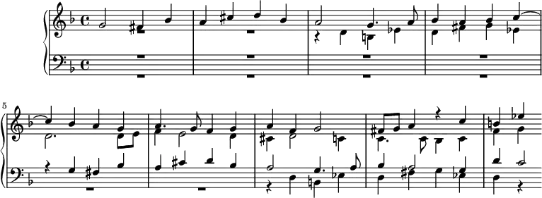 
\version "2.18.2"
\header {
  tagline = ##f
}

Dux    = { fis4 bes a cis d bes a2 }
Comes  = { r4 d4 b ees d fis g ees }

upper = \relative c' 
{
  \clef treble 
  \key f \major
  \time 4/4
  \tempo 4 = 92
  %\set Staff.midiInstrument = #"harpsichord" 

   %% Kerll
   << { g'2 \Dux g4. a8 bes4 a bes c~ c bes a g  a4. g8 f4 g a f g2 fis8 g a4 r4 c4 b ees } \\ { R1*2 \relative c' { \Comes } d,2. d8 e f4 e2 d4 cis d2 c4 c4. c8 bes4 c f g } >>

}

lower = \relative c'
 {
  \clef bass 
  \key f \major
  \time 4/4
  %\set Staff.midiInstrument = #"harpsichord" 
    
   << { R1*4 r4 g4 \Dux g4. a8 bes4 a2 g4 d' c2*1/2 } \\ { R1*6 \relative c { \Comes } d,4 r4 } >>
    
} 

\score {
  \new PianoStaff <<
    \set PianoStaff.instrumentName = #""
    \new Staff = "upper" \upper
    \new Staff = "lower" \lower
  >>
  \layout {
    \context {
      \Score
      \remove "Metronome_mark_engraver"
      %\override SpacingSpanner.common-shortest-duration = #(ly:make-moment 1/2)
    }
  }
  \midi { }
}
