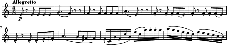\relative c' {
\version "2.18.2"
\key c \major
\tempo "Allegretto"
\tempo 4 = 90
\time 6/8
e8\p r e e e e
g4. (f8) r r
f r f f f f
a4. (e8) r r
f8-. r f-. f-. f (e)
f-. r f-. f-. f (e)
d-. r d-. d-. e-. fis-.
a4. (g8 fis f)
e16-! (c g' e c' g) e' (c g') g-. g-. g-.
a (g f e d c) e (d c b a g)
}