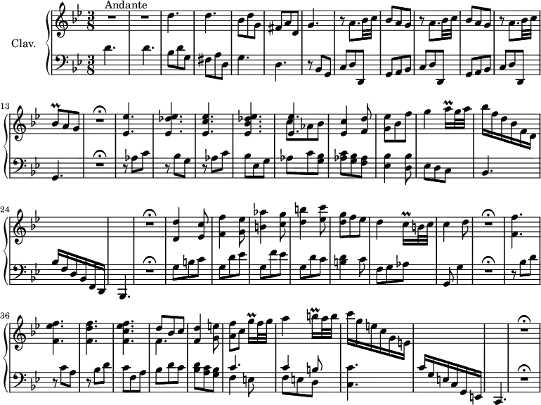 
\version "2.18.2"
\header {
  tagline = ##f
}

%% les petites notes
trillBesq = { \tag #'print { bes8\prall } \tag #'midi { c32 bes c bes } }
trillAqqq = { \tag #'print { a16\prall } \tag #'midi { \times 2/3 { a32 bes a } } }
trillCqqq = { \tag #'print { c16\prall } \tag #'midi { \times 2/3 { c32 d c } } }
trillGqqq = { \tag #'print { g'16\prall } \tag #'midi { \times 2/3 { g32 f g } } }
trillBqqq = { \tag #'print { b16\prall } \tag #'midi { \times 2/3 { b32 a b } } }

upper = \relative c'' {
  \clef treble 
  \key g \minor
  \time 3/8
  \tempo 4. = 66
  \set Staff.midiInstrument = #"harpsichord"

     s8*0^\markup{Andante}
     R4.*2 | d4. d | bes8 d g, | fis a d, | g4. | \repeat unfold 2 { r8 a8. bes32 c | bes8 a g } | r8 a8. bes32 c |
     % ms. 12
     \trillBesq   \tempo 4. = 66 a8   \tempo 4. = 40 g | R4.\fermata |   \tempo 4. = 66 < ees ees' >4. < ees des' ees > < ees c' ees > < ees bes' des ees > | 
     % ms. 19
     << { < ees ees' >4. } \\ { c'8 aes bes } >> | < ees, c' >4 < f d' >8 | < g ees' >8 bes f' | g4 \trillAqqq g32 a | bes16 f d bes f d | s4. s4. | R4.\fermata | < d d' >4 < ees c' >8 |
     % ms. 28
     < f f' >4 < g ees' >8 | < b aes' >4 < c g' >8 | < d b' >4 < ees c' >8 | < d g >8 f ees | d4 \trillCqqq b32 c | c4 d8 | R4.\fermata | < f, f' >4. | < f ees' f > | < f d' f > |
     % ms. 38
     < f c' ees f >4. | << { d'8 bes c } \\ { f,4. } >> | < f d' >4 < g e' >8 | < a f' >8[ c] \trillGqqq f32 g | a4 \trillBqqq a32 b | c16 g e c g e | s4. s4. | R4.\fermata |

}

lower = \relative c' {
  \clef bass
  \key g \minor
  \time 3/8
  \set Staff.midiInstrument = #"harpsichord"
  \override TupletBracket.bracket-visibility = ##f
  \omit TupletNumber

    % **************************************
     d4. d bes8 d g, | fis a d, | g4. | d | r8 bes g | c d d, | \repeat unfold 2 { g a bes |
     % ms. 10
     c8 d d, } g4. | R4.\fermata | r8 aes'8 c | r8 bes g | r8 aes c | bes ees, g |
     % ms. 19
     aes8 c < g bes > | < aes c > < g bes > < f aes > | < ees bes' >4 < d bes' >8 | ees d c | bes4. | bes'16 f d bes f d |   \tempo 4. = 40 bes4. | R4.\fermata |   \tempo 4. = 66 g''8 b c | 
     % ms. 28
     g8 d' ees | g, f' ees | g, d' c | < b d >4 c8 | f,8 g aes | g,8   \tempo 4. = 40 g'4 | R4.\fermata |   \tempo 4. = 66 r8 bes8 d | r8 c8 a | r8 bes8 d |
     % ms. 38
     c8 f, a | bes d c | < bes d > < a c > < g bes > | << { c4. c4 b8 } \\ { f4 e8 | f e d } >> | < c c' >4. | c'16 g e c g e |   \tempo 4. = 40 c4. | R4.\fermata | 

}

thePianoStaff = \new PianoStaff <<
    \set PianoStaff.instrumentName = #"Clav."
    \new Staff = "upper" \upper
    \new Staff = "lower" \lower
  >>

\score {
  \keepWithTag #'print \thePianoStaff
  \layout {
      #(layout-set-staff-size 17)
    \context {
      \Score
     \override SpacingSpanner.common-shortest-duration = #(ly:make-moment 1/2)
      \remove "Metronome_mark_engraver"
    }
  }
}

\score {
  \keepWithTag #'midi \thePianoStaff
  \midi { }
}
