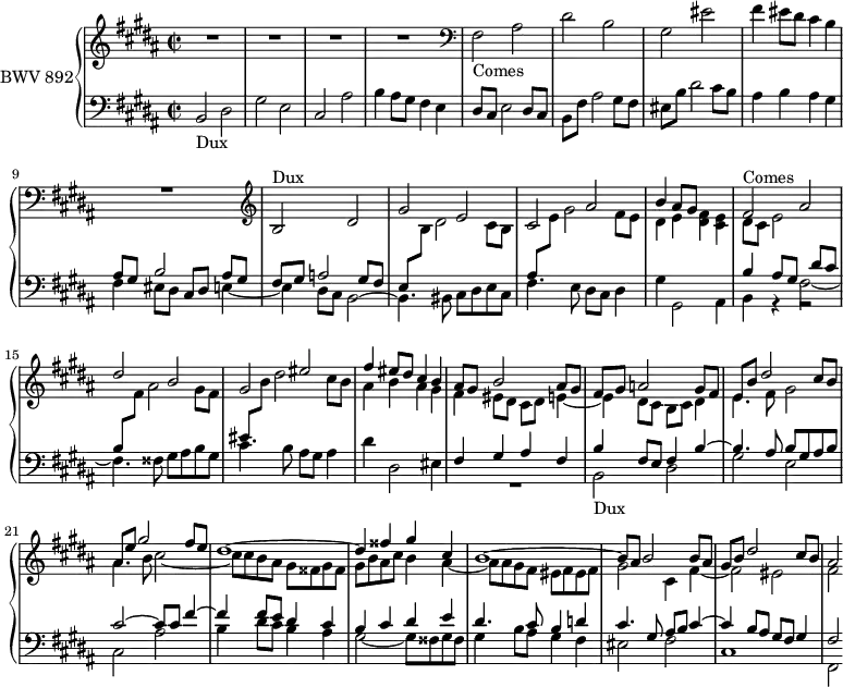 \version "2.18.2"
\header {
tagline = ##f
}
Dux = { s8*0-\markup{Dux} b2 dis gis e cis ais' b4 }
Comes = { s8*0-\markup{Comes} fis2 ais dis b gis eis' }
ContreSujet = { dis8 cis e2 dis8 cis b fis' ais2 gis8 fis eis b' dis2 cis8 b ais4 }
upper = \relative c' {
\clef treble
\key b \major
\time 2/2
\tempo 2 = 63
\set Staff.midiInstrument = #"harpsichord"
%% FUGUE CBT II-23, BWV 892, si majeur
R1*4 \clef bass \relative c { \Comes }
<< { s1 R1 \clef treble \Dux ais8 gis s2 | \Comes fis4 eis8 dis cis4 b ais8 gis b2 ais8 gis fis gis a2 gis8 fis | \mergeDifferentlyDottedOn e b' dis2 cis8 b | ais e' gis2 fis8 e | dis1~ dis4 fisis gis cis, b1~ b8 ais b2 b8 ais | gis b dis2 cis8 b | ais2 } \\ { \clef bass \crossStaff \relative c' { fis4 eis8 dis cis4 b } \stemUp \change Staff = "lower" ais,8 gis b2 ais8 gis fis gis a2 gis8 fis e \stemDown \change Staff = "upper" b' dis2 cis8 b \stemUp \change Staff = "lower" ais8 \stemDown \change Staff = "upper" e'8 gis2 fis8 e | dis4 e < fis dis >4 < e cis > dis8 cis e2 \stemUp \change Staff = "lower" dis8 cis | b \stemDown \change Staff = "upper" fis' ais2 gis8 fis \stemUp \change Staff = "lower" eis \stemDown \change Staff = "upper" b' dis2 cis8 b | ais4 b ais gis | fis eis8 dis cis dis e4~ e dis8 cis b cis dis4 | e4. fis8 gis2 | ais4. b8 cis2~ | cis8 cis b ais gis fisis gis fisis gis b ais cis b4 ais~ ais8 | ais gis fis eis fis eis fis | gis2 cis,4 fis~ | fis2 eis | fis } >>
}
lower = \relative c {
\clef bass
\key b \major
\time 2/2
\set Staff.midiInstrument = #"harpsichord"
\Dux ais8 gis fis4 e \ContreSujet b4 ais gis | fis eis8 dis cis dis e4_~ | e \stemDown dis8 cis b2~ | b4. bis8 cis dis e cis | fis4. e8 dis cis dis4
%% ms. 13
gis4 gis,2 ais4 |
<< { b'4 ais8 gis } \\ { s2 fis2~ fis4. fisis8 gis ais b gis } \\ { \stemDown b,4 g4\rest g2\rest } >>
cis'4. b8 ais gis ais4 | dis4 dis,2 eis4
%% ms. 18
<< { fis4 gis ais fis | b fis8 e fis4 b~ b4. ais8 b gis ais b | cis2~ cis8 cis fis4~ fis fis8 e dis4 cis b cis dis e | dis4. cis8 b4 d | cis4. gis8 ais b cis4~ cis b8 ais gis fis gis4 | fis2 } \\ { R1 \relative c { \Dux } dis'8 cis b4 ais | gis2~ gis8 fisis gis fisis | gis4 b8 ais gis4 fis eis2 fis cis1 | fis,2 } >>
}
\score {
\new PianoStaff <<
\set PianoStaff.instrumentName = #"BWV 892"
\new Staff = "upper" \upper
\new Staff = "lower" \lower
>>
\layout {
\context {
\Score
\remove "Metronome_mark_engraver"
\override SpacingSpanner.common-shortest-duration = #(ly:make-moment 1/2)
}
}
\midi { }
}