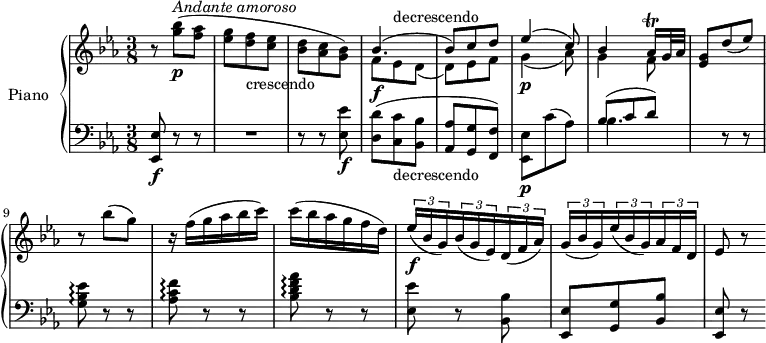 \version "2.18.2"
\header {
  tagline = ##f
}
upper = \relative c' {
  \clef treble 
  \key ees \major
  \time 3/8
  \tempo "Andante amoroso"
  \tempo 4 = 50
   r8 <g'' bes>8 \p ^\markup{ \italic { Andante amoroso} } (<f aes> <ees g> <d f> _\markup { crescendo} <c ees> <bes d> <aes c> <g bes>)
   <<{\stemDown f8 \f ees ^ \markup {decrescendo} d _ (d) ees f g4  \p  _(aes8) g4 f8 } \\ 
   { \stemUp bes4. ^(bes8) c d ees4 ^(c8) bes4 aes16  ^\trill g32 aes}>>
   <ees g>8 d'(ees)
   r bes' (g)
   r16 f (g aes bes c)
   c (bes aes g f d)
   \tuplet 3/2 {ees16 \f (bes g)}  \tuplet 3/2 {bes (g ees)}  \tuplet 3/2 {d (f aes)}
   \tuplet 3/2 {g (bes g)}  \tuplet 3/2 {ees'16 (bes g)}  \tuplet 3/2 {aes f d}
   ees8 r
}
lower = \relative c {
  \clef bass
  \key ees \major
  \time 3/8
  <ees, ees'>8\f r r R1*3/8 r8 r <ees' ees'>  \f
  <d d'> (<c c'> _\markup {decrescendo} <bes bes'> <aes aes'> <g g'> <f f'>)
  <ees ees'>  \p c'' (aes)
   <<{\stemDown bes4. } \\ {  \stemUp bes8 ^ (c d)}>>
  s8 r r
  <g, bes ees>8 \arpeggio r r
  <aes c f>8 \arpeggio r r
  <bes d f aes>8 \arpeggio r r
  <ees, ees'> r <bes bes'>
  <ees, ees'> <g g'> <bes  bes'>
  <ees, ees'> r
} 
\score {
  \new PianoStaff <<
    \set PianoStaff.instrumentName = #"Piano"
    \new Staff = "upper" \upper
    \new Staff = "lower" \lower
  >>
  \layout {
    \context {
      \Score
      \remove "Metronome_mark_engraver"
    }
  }
  \midi { }
}