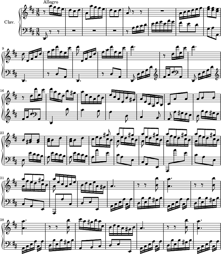 
\version "2.18.2"
\header {
  tagline = ##f
  % composer = "Domenico Scarlatti"
  % opus = "K. 400"
  % meter = "Allegro"
}

%% les petites notes
%trillBesp     = { \tag #'print { bes4.\prall } \tag #'midi { c32 bes c bes~ bes4 } }

upper = \relative c'' {
  \clef treble 
  \key d \major
  \time 3/8
  \tempo 4. = 72
  \set Staff.midiInstrument = #"harpsichord"
  \override TupletBracket.bracket-visibility = ##f

      s8*0^\markup{Allegro}
      r8 \repeat unfold 2 { a'16 g fis e | d8 cis d | a } | r8 r8 | R4.
      % ms. 7
      a16 b cis d e fis | < e g >8 < d fis > < cis e > | d8 d,16[ fis a d] | fis a d fis, e cis' | d8 d,,16[ fis a d] | fis a d fis, e cis' | d4. | 
      % ms. 14
      r8 d,16 d' e, cis' | d4. | r8 d,16 d' e, cis' | d a fis d b'[ gis] | a e cis a d b | e cis a e b' gis | a e cis a d b |
      % ms. 21
      cis8 a' a | a b b | b < gis b > q | \repeat unfold 2 { < a cis > b d } | 
      % ms. 26
      << { s4 gis8 | \repeat unfold 5 { a8 e gis } | a16 e cis a cis e } 
      \\ { cis8 e16 d cis b | \repeat unfold 2 { a8 e'16[ d cis b] } | \repeat unfold 3 { a16 fis' e d cis b } | a8 } >> | b16 d cis e a, gis | a4. |
      % ms. 35
      \repeat unfold 2 { r8 r8 < b b' >8 | < a a' >4. } | r8 r8 < b b' >8 | cis'16 a gis b a cis, | b d cis a gis b |
      % ms. 42
      a4. | r8 r8 < b b' >8 | < a a' >4.

}

lower = \relative c' {
  \clef bass
  \key d \major
  \time 3/8
  \set Staff.midiInstrument = #"harpsichord"
  \override TupletBracket.bracket-visibility = ##f

    % ************************************** \appoggiatura a16  \repeat unfold 2 {  } \times 2/3 { }   \omit TupletNumber 
      d,,8 r8 r8 | R4.*3 | r8 a''16 b cis d | e fis g e a g |
      % ms. 7
      fis8 e d | g, a a, | d,4. | r8 d'8 a | d,4. | r8 d'8 a | \repeat unfold 2 { d,8 d'16[ fis a d] |  \clef treble 
      % ms. 14
      fis16 a d8   \clef bass a,, } | d,4 d''8 | cis4 b8 | a4 d,8 | cis4 b8 |
      % ms. 21
      a8 a'16[ gis fis e] | d8 b'16[ a gis fis] | e8 \repeat unfold 3 { e'16[ d cis b] | a8 } \repeat unfold 2 { a' e | cis a e |
      % ms. 28
      cis8 a e | a, } a'' cis, | d e e, | \repeat unfold 3 { a16 cis e a cis,[ a'] |
      % ms. 35
      d,16 b' e, b' gis b } | a,8 b cis | d e e, |
      % ms. 42
      a16 cis e a cis,[ a'] | d,16 b' e, b' gis b | a,16 cis e a cis,[ a'] |

}

thePianoStaff = \new PianoStaff <<
    \set PianoStaff.instrumentName = #"Clav."
    \new Staff = "upper" \upper
    \new Staff = "lower" \lower
  >>

\score {
  \keepWithTag #'print \thePianoStaff
  \layout {
      #(layout-set-staff-size 17)
    \context {
      \Score
     \override SpacingSpanner.common-shortest-duration = #(ly:make-moment 1/2)
      \remove "Metronome_mark_engraver"
    }
  }
}

\score {
  \keepWithTag #'midi \thePianoStaff
  \midi { }
}

