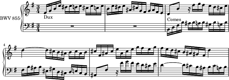 \version "2.18.2"
\header {
tagline = ##f
}
Dux = { e16_\markup{Dux} g b e dis e d e cis e c e | b e dis e ais, cis g fis g ais fis e }
ContreSujet = { d8 b' r16 fis'16 g fis e d cis e d4~ d16 cis b ais b cis ais b }
Comes = { b16^\markup{Comes} d fis b ais b a b gis b g b fis b ais b eis, gis d cis d e cis b }
upper = \relative c' {
\clef treble
\key e \minor
\time 3/4
\tempo 4 = 126
\set Staff.midiInstrument = #"harpsichord"
%% FUGUE CBT I-10, BWV 855, mi mineur
\Dux \ContreSujet cis16 fis, ais cis e ais, cis e g fis e g fis e d cis b ais gis fis d'4~
}
lower = \relative c {
\clef bass
\key e \minor
\time 3/4
\set Staff.midiInstrument = #"harpsichord"
R2.*2 \Comes ais8 fis' r16 fis'16 g fis e d cis e d4~ d16 cis b ais b cis a b
}
\score {
\new PianoStaff <<
\set PianoStaff.instrumentName = #"BWV 855"
\new Staff = "upper" \upper
\new Staff = "lower" \lower
>>
\layout {
\context {
\Score
\remove "Metronome_mark_engraver"
}
}
\midi { }
}