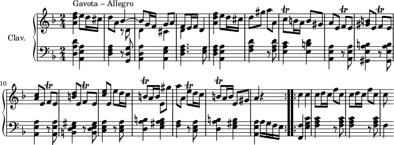 
\version "2.18.2"
\header {
  tagline = ##f
}

%% les petites notes
trillCq = { \tag #'print { c8\trill } \tag #'midi { d32 c d c } }
trillFq = { \tag #'print { f8\trill } \tag #'midi { g32 f g f } }
trillBq = { \tag #'print { b8\trill } \tag #'midi { c32 b c b } }
trillEqUp = { \tag #'print { e'8\trill } \tag #'midi { f32 e f e } }


upper = \relative c'' {
  \clef treble 
  \key d \minor
  \time 2/4
  \tempo 4 = 86
  \set Staff.midiInstrument = #"harpsichord"

      s8*0^\markup{Gavota – Allegro}
      < a d f >4 e'8 d16 cis | d8 a << { bes4~ | bes8 g16 f g8 a | f8 e16 f d4 } \\ { r8 d8 | d4 cis | d  } >> |
      % m. 5
      < a' d f >4 e'8 d16 cis | d8 gis a a,  | \trillCq b16 a b8 gis | a e \trillFq e8 | < gis b >8 e \trillFq e8 |
      % m. 10
      < a c >8 e \trillFq e8 | < b' d >8 e, \trillFq e8 | < c' e > e, e' d16 c | \trillBq a16 b e,8 gis' |
      % m. 14
      a8 a, \trillEqUp d16 c | \trillBq a16 b e,8 gis | a4 r4 |
      % m. 17
      c4 c | c8 d16 c | f8 c | c d16 c f8 c | c8
      % m. 5
      

}

lower = \relative c' {
  \clef bass
  \key d \minor
  \time 2/4
  \set Staff.midiInstrument = #"harpsichord"

    % **************************************
\repeat volta 1 {
      < d, a' d >4 < a e' a > | < d f a > r8 < g, d' g >8 | < a d a' >4 < a e' g > | < d f a >4. < e g >8 |
      % m. 5
      < d f a >4 < a e' a > | < f' a d >4 r8 < f a d >8 | < e a c >4 < e b' d > | < a, e' a >4 r8 q8 | < gis e' a b >4 r8 q8 |
      % m. 10
      < a e' a >4 r8 q8 | < b d e gis >4 r8 q8 | < c e a >4 r8 q8 | < d a' b >4 < e gis a b > |
      % m. 14
      < f a >4 r8 < c e a >8 | < d a' b >4 < e gis b > | < a, e' a > a'16 g f e } \set Score.doubleRepeatType = #":..:"
      % ms. 17
\repeat volta 1 {
      < f, f' >4 < e' g c > | \repeat unfold 2 { < f a c > r8 < f a c >8 } | f4
}\bar ""

}

thePianoStaff = \new PianoStaff <<
    \set PianoStaff.instrumentName = #"Clav."
    \new Staff = "upper" \upper
    \new Staff = "lower" \lower
  >>

\score {
  \keepWithTag #'print \thePianoStaff
  \layout {
      #(layout-set-staff-size 17)
    \context {
      \Score
     \override SpacingSpanner.common-shortest-duration = #(ly:make-moment 1/2)
      \remove "Metronome_mark_engraver"
    }
  }
}

\score {
  \keepWithTag #'midi \thePianoStaff
  \midi { }
}
