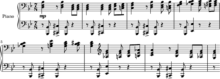 
\version "2.18.2"
\header {
  tagline = ##f
}

upper = \relative c {
    \clef bass 
    \key bes \major
    \time 7/8
    \tempo 4 = 146

   %% Finale
   < d f bes >4\mp r8 q4 < bes d f >8[ q] | q4 q q8 < bes ees g >[ < c! ees g >8 < c f a >4] | 
   r8 < d f bes >4 q8 < c! ees bes' >8 < f g bes >4 < ges bes c > < f a c >8 < e! gis c >8[ < f a c >] | 
   < ges bes c >4 r8 < g! bes ees >4 < g bes d >8 < a bes cis > < g bes d >4
   \clef treble \relative c'
   < aes ees' g >4 < a ees' g >8 < bes ees g >8[ < b! ees aes >] | 
   < c ees a >4 r8 < bes ees g >4 < a ees' g >8[ < aes ees' g >8] < g ees' g >4*1/2

}

lower = \relative c {
    \clef bass 
    \key bes \major
    \time 7/8

    r8 < bes, bes' >8 < cis cis' >4-> < bes bes' >8 r4
    r8 < bes bes' >8 < cis cis' >4 r8 r4
    r8 < bes bes' >8 < cis cis' >4-> < bes bes' >8 r4
    r8 < bes bes' >8 < ees ees' >4 r8 r4
    r8 < bes bes' >8 < cis cis' >4-> < bes bes' >8 r4
    r8 < bes bes' >8 < ees ees' >4 r8 r4
    r8 < bes bes' >8 < cis cis' >4-> < bes bes' >8 r4 | r8

} 

\score {
  \new PianoStaff <<
    \set PianoStaff.instrumentName = #"Piano"
    \new Staff = "upper" \upper
    \new Staff = "lower" \lower
  >>
  \layout {
    \context {
      \Score
      \override SpacingSpanner.common-shortest-duration = #(ly:make-moment 1/3)
      \remove "Metronome_mark_engraver"
    }
  }
  \midi { }
}

