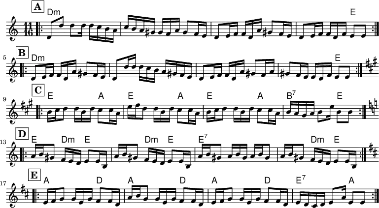 <<
\chords { \set ChordNames.midiMaximumVolume = #0.65
d,16*40:m e,4
d,16*40:m e,4
e,16*7 a,4 e,16*7 a,4 e,16*7 a,4 b,,16*7:7 e,4
e,4 d,8.:m e,2 d,8.:m e,4 e,16*15:7 d,8.:m e,4
a,16*7 d,4 a,16*7 d,4 a,16*7 d,4 e,16*7:7 a,4
}
\new Voice = "default" {
\overrideTimeSignatureSettings 11/16 1/16 4,3,4 #'()
\time 11/16 \relative c' {
\mark \markup { \box \pad-markup #0.4 \bold A } \bar ".|:"
\repeat volta 2 { d8 d'8 8 16 16 c b a c b a gis gis f a gis8 f16 e
d8 e16 f f d a' gis8 f16 e d8 e16 f f d f e8 8 }
\mark \markup { \box \pad-markup #0.4 \bold B }
\repeat volta 2 { d8 e16 f f d a' gis8 f16 e d8 d'16 16 16 c b a gis f e
d8 e16 f f d a' gis8 f16 a gis8 f16 e e d f e8 8 }
\mark \markup { \box \pad-markup #0.4 \bold C } \key a \major
\repeat volta 2 { b'16 cis d8 16 b d cis8 16 a e' fis d8 16 b d cis8 16 a
b16 cis d8 16 b d cis8 16 a b a gis a b8 e16 b8 8 }
\mark \markup { \box \pad-markup #0.4 \bold D } \key a \minor
\repeat volta 2 { a16 b gis8 f16 e d e8 16 b a'16 b gis8 f16 e d e8 16 b
a'16 b gis8 a16 b gis a b gis8 a16 b gis8 f16 e d e8 16 b }
\mark \markup { \box \pad-markup #0.4 \bold E } \key d \major
\repeat volta 2 { e16 fis g8 16 e g fis8 16 d a' b g8 16 e g fis8 16 d
e16 fis g8 16 e g fis8 16 d e d cis d e8 a16 e8 8 }
}
}
>>
\layout { indent = #0 }
\midi { \tempo 4 = 117 }