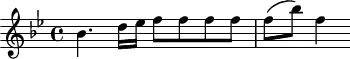
\header {
  tagline = ##f
}

\score {
  \new Staff \with {

  }
<<
  \relative c'' {
    \key bes \major
    \time 4/4
    \override TupletBracket #'bracket-visibility = ##f 
    \autoBeamOff

     %%%%%%%%%%%%%%%%%%%%%%%%%% K8
     bes4. d16[ ees] f8[ f f f] f([ bes]) f4

  }
>>
  \layout {
    \context {
      \remove "Metronome_mark_engraver"
    }
  }
  \midi {}
}

