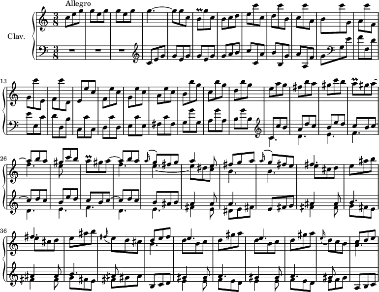 \version "2.18.2"
\header {
tagline = ##f
% composer = "Domenico Scarlatti"
% opus = "K. 157"
% meter = "Allegro"
}
%% les petites notes
trillBq = { \tag #'print { b8\prall } \tag #'midi { c32 b c b } }
trillAq = { \tag #'print { a8\prall } \tag #'midi { b32 a b a } }
upper = \relative c'' {
\clef treble
\key c \major
\time 3/8
\tempo 4. = 82
\set Staff.midiInstrument = #"harpsichord"
\override TupletBracket.bracket-visibility = ##f
s8*0^\markup{Allegro}
c8 e g | \repeat unfold 2 { g e g } | g4.~ | g8 g c, | \trillBq g'8 c, | b c d | e c' c, |
% ms. 9
d8 c' b, | c c' a, | b c' g, | a c' f,, | g c' e,, | f c'' d,, | e e' c | f, e' c |
% ms. 17
g8 e' c | a e' c | b b' g | c, b' g | d b' g | e a g | fis b a | gis c b |
% ms. 25
<< { \stemDown \trillAq gis a~ \stemUp | a8 b a | gis c b | \stemDown \trillAq gis a~ \stemUp | a8 b a | \appoggiatura a16 g8 fis g | a4 e8 | fis g a }
\\ { s4. f4. | e8 s4 | s4. | f4. | e~ | e8 dis c | b4. } >>
% ms. 33
<< { \appoggiatura a'16 g8 fis e } \\ { b4. } >>
\repeat unfold 2 { << { fis'4. } \\ { e8 cis d | e ais b } >> } | \appoggiatura fis16 e8 d cis | << { d8 e f | e4. } \\ { b4. | d8 b c } >>
% ms. 41
d8 gis a | << { e4. } \\ { d8 b c } >> | d8 gis a | \appoggiatura e16 d8 c b | << { c8 d e } \\ { a,4. } >>
% ms. 49
}
lower = \relative c' {
\clef bass
\key c \major
\time 3/8
\set Staff.midiInstrument = #"harpsichord"
\override TupletBracket.bracket-visibility = ##f
% **************************************
R4.*3 | \clef treble c8 e g | \repeat unfold 2 { g e g } | g a b | c c, a' |
% ms. 9
b8 b, g' | a a, f' | g \clef bass g, e' | f f, d' | e e, c' | d d, b' | c, c' c, | d c' d, |
% ms. 17
e8 c' e, | fis c' fis, | g g' g, | a g' a, | b g' b, | \clef treble << { c8 c' b | a d c | b e d } \\ { \mergeDifferentlyDottedOn c,4. d e } >>
% ms. 25
<< { c'8 b c~ | c d c | b e d | c b c~ | c d c | b ais b | a4 a8 | a4. }
\\ { f4. d e | f d e | fis4 e8 | dis8 e fis | } >>
% ms. 33
e8 fis g |
<< { \repeat unfold 2 { ais4 ais8 | b4. } ais8 } \\ { \repeat unfold 2 { fis4 fis8 | g fis e } |
fis8 gis ais } >> | b,8 c d |
% ms. 40
\repeat unfold 2 { << { gis4 gis8 | a4. } \\ { e4 e8 | f e d } >> } | << { gis8 } \\ { e8 f gis } >> | a,8 b c
% ms. 49
}
thePianoStaff = \new PianoStaff <<
\set PianoStaff.instrumentName = #"Clav."
\new Staff = "upper" \upper
\new Staff = "lower" \lower
>>
\score {
\keepWithTag #'print \thePianoStaff
\layout {
#(layout-set-staff-size 17)
\context {
\Score
\override SpacingSpanner.common-shortest-duration = #(ly:make-moment 1/2)
\remove "Metronome_mark_engraver"
}
}
}
\score {
\keepWithTag #'midi \thePianoStaff
\midi { }
}