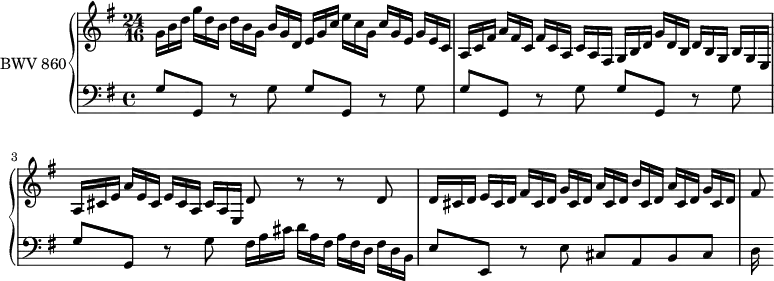 
\version "2.18.2"
\header {
  tagline = ##f
}

upper = \relative c'' {
    \clef treble 
    \key g \major
    \time 4/4
    \set Staff.timeSignatureFraction = 24/16
    \scaleDurations 2/3
    \tempo 4 = 68
    \set Staff.midiInstrument = #"harpsichord" 
    \override TupletBracket.bracket-visibility = ##f

     %% PRÉLUDE CBT I-15, BWV 860, sol majeur
     \times 2/3 { g16 b d  g[ d b]  d[ b g]  b[ g d]  e[ g c]  e[ c g] c[ g e] g[ e c] | a[ c fis] a[ fis c] fis[ c a] c[ a fis] g[ b d] g[ d b] d[ b g] b[ g e] | a[ cis e] a[ e cis] e[ cis a] cis[ a e] } d'8 r8 r8 d  \times 2/3 { d16[ cis d]  e[ cis d]  fis[ cis d]  g[ cis, d]  a'[ cis, d]  b'[ cis, d]  a'[ cis, d]  g[ cis, d] } fis8

}

lower = \relative c' {
    \clef bass 
    \key g \major
    \time 4/4
    \set Staff.midiInstrument = #"harpsichord" 
    \override TupletBracket.bracket-visibility = ##f
     g8 g, r8 g' g[ g,] r8 g' | g g, r8 g' g g, r8 g' g g, r8 g' \times 2/3 { fis16[ a cis]  d[ a fis]  a[ fis d]  fis[ d b] } e8 e, r8 e' cis a b cis d16
} 

\score {
  \new PianoStaff <<
    \set PianoStaff.instrumentName = #"BWV 860"
    \new Staff = "upper" \upper
    \new Staff = "lower" \lower
  >>
  \layout {
    \context {
      \Score
      \omit TupletNumber
      \remove "Metronome_mark_engraver"
      \override SpacingSpanner.common-shortest-duration = #(ly:make-moment 1/2)
    }
  }
  \midi { }
}
