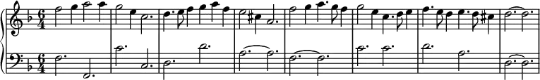 \version "2.18.2"
\new PianoStaff <<
\new Staff {
\key d \minor \time 6/4
f''2 g''4 a''2 a''4 g''2 e''4 c''2.
d''4. e''8 f''4  g''4 a'' f''  e''2 cis''4 a'2.
f''2 g''4 a''4. g''8 f''4  g''2 e''4
c''4. d''8 e''4  f''4. e''8 d''4
e''4. d''8 cis''4 d''2. ~ d'' 
}
\new Staff {
\clef bass \key d \minor \time 6/4
f2. f,  \noBreak c' c  \noBreak d d'  \noBreak a ~ a
\noBreak f ~ f  \noBreak c' c'  \noBreak d' a  \noBreak d ~ d
}
>>