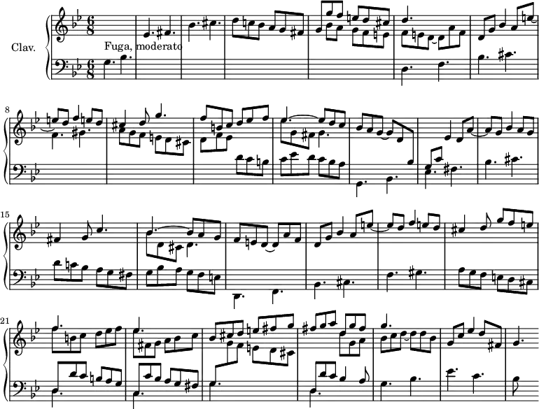 \version "2.18.2"
\header {
  tagline = ##f
}
temaCrossK   = { \change Staff = "lower" g,4. bes \change Staff = "upper" ees fis bes cis d8 c! bes a g fis }
tema         = { g,4. bes ees fis bes cis d8 c! bes a g fis }
temaCr       = { g,4. bes ees fis bes }
comesCrossK  = { d4. f bes cis \stemDown \change Staff = "upper" f gis a8 g f e d cis }
comes        = { d,4. f bes cis f gis a8 g f e d cis }
upper = \relative c'' {
  \clef treble 
  \key g \minor
  \time 6/8
  \tempo 4. = 60
  \set Staff.midiInstrument = #"harpsichord"
    \change Staff = "upper" s16*0^\markup{Fuga, moderato}
    \temaCrossK << { g8 g' f e d cis | d4. } \\ { s8 bes8 a g f e | f e d~ d a'f } >> | \stemUp d8 g bes4 a8 e'~ |
    % ms. 8
    e8 d f4 e8 d | cis4 d8 g4. | f8 b, c d ees f | << { \mergeDifferentlyDottedOn ees4.~ ees8 d c } \\ { ees8 g, fis g4. } >> | bes8 a g~ g d \change Staff = "lower" bes g8 c \change Staff = "upper" ees4 d8 a'~ |
    % ms. 14
    a8 g  bes4 a8 g fis4 g8 c4. | << { bes4.~ bes8 a g } \\ { bes8 d, cis d4. } >> | f8 e d~ d a' f | d8 g bes4 a8 e'~ | e d f4 e8 d |
    % ms. 20 
    cis4 d8  g f e | << { f4. s4. ees } \\ { f8 b,c d ees f | ees8 fis, g a bes c } >> | bes8 cis d e fis g | fis g a  << { d,8 g fis | g4. } \\ { d8 g, a bes c d~ d d bes } >> |
    % ms. 26
    g8 c ees4 d8 fis, | g4.
}
lower = \relative c {
  \clef bass
  \key g \minor
  \time 6/8
  \set Staff.midiInstrument = #"harpsichord"
    % *****************************
    s2.*5  \comesCrossK d8 f ees \change Staff = "lower" d c b | c ees d c bes a  |
    % ms. 12
    \tema | g bes a g f e |
    % ms. 16
    \comes
    % ms. 21
    << { d8 d' c b a g | c, c' bes a g fis | g \stemDown \change Staff = "upper" g' f e d cis | \stemUp \change Staff = "lower" d,8 d' c bes4 a8 } \\ { \mergeDifferentlyDottedOn d,4. s4. c4. s4. g'4. s4. d4.  } >> | g4. bes |
    % ms. 26
    ees4. c | bes8
} 
thePianoStaff = \new PianoStaff <<
    \set PianoStaff.instrumentName = #"Clav."
    \new Staff = "upper" \upper
    \new Staff = "lower" \lower
  >>
\score {
  \keepWithTag #'print \thePianoStaff
  \layout {
      #(layout-set-staff-size 17)
    \context {
      \Score
     \override SpacingSpanner.common-shortest-duration = #(ly:make-moment 1/2)
      \remove "Metronome_mark_engraver"
    }
  }
}
\score {
  \keepWithTag #'midi \thePianoStaff
  \midi { }
}