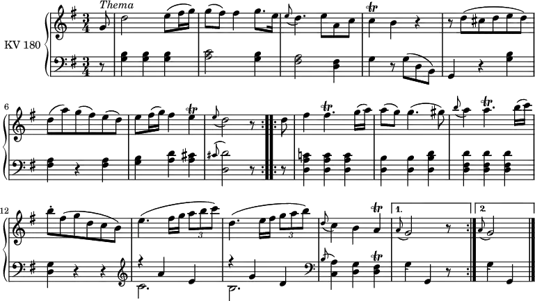 \version "2.18.2"
\header {
tagline = ##f
}
upper =
\relative c'' {
\clef treble
\key g \major
\time 3/4
\tempo "Menuetto Andante"
\tempo 4 = 110
\set Staff.midiInstrument = #"piano"
\repeat volta 2
{\partial 8 g8^\markup{\italic Thema} d'2 e8 (fis16 g)
g8 (fis) fis4 g8. e16
\grace e8 (d4.) e8 a, c
c4\trill b r
r8 d (cis d e d)
d (a') g (fis) e (d)
e fis16 (g) fis4 e \trill
\grace e8 (d2) r8
}
\repeat volta 2 {
d8
fis4 fis4. \trill g16 (a)
a8 (g) g4. (gis8)
\grace b8 (a4) a4. \trill b16 (c)
b8-. fis (g d c b)
e4. (fis16 g \tuplet 3/2 {a8 b c) }
d,4. (e16 fis \tuplet 3/2 {g8 a b) }
\grace d,8 (c4) b a \trill
}
\alternative { {\grace a8 (g2) r8 s8}
{\grace a8 (g2) \bar "|." }
}
}
lower = \relative c {
\clef bass
\key g \major
\time 3/4
\tempo 4 = 110
\set Staff.midiInstrument = #"piano"
\repeat volta 2
{\partial 8 r8
<g' b>4 <g b> <g b>
<a c>2 <g b>4
<fis a>2 <d fis>4
g r8 g (d b)
g4 r <g' b>
<fis a> r <fis a>
<g b> <a d> <a cis>
\grace cis8 ^ (<d, d'>2) r8
}
\repeat volta 2 {
r8
<d a' c!>4 <d a' c> <d a' c>
<d b'> <d b'> <d b' d>
<d fis d'> <d fis d'> <d fis d'>
<g d> r r \clef treble
<<{\stemUp r4 a' e} \\ {\stemDown c2.}>>
<<{\stemUp r4 g' d} \\ {\stemDown b2.}>>
\clef bass
\grace b8 ^ (<c, a'>4) <d g> <d fis> \trill
}
\alternative { {\grace s8 (g4) g, r8 s8 }
{\grace s8 (g'4) g, \bar "|." }
}
}
\score {
\new PianoStaff <<
\set PianoStaff.instrumentName = #"KV 180"
\new Staff = "upper" \upper
\new Staff = "lower" \lower
>>
\layout {
\context {
\Score
\remove "Metronome_mark_engraver"
}
}
\midi { }
}
