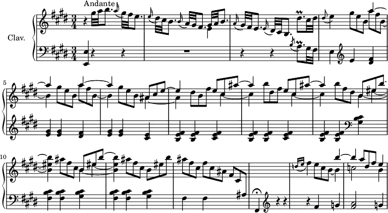 
\version "2.18.2"
\header {
  tagline = ##f
  % composer = "Domenico Scarlatti"
  % opus = "K. 215"
  % meter = "Andante"
}

%% les petites notes
trillDisqpUp       = { \tag #'print { dis'8.\prall } \tag #'midi { e32 dis e dis e dis e dis } }
trillAqpAppoUp     = { \tag #'print { \acciaccatura b''8 a8.\prall } \tag #'midi { b32 a b a b a b a } }
appoE              = { \tag #'print { \appoggiatura dis8 e4 } \tag #'midi { dis8   \tempo 4 = 40 e8   \tempo 4 = 78 } }

upper = \relative c'' {
  \clef treble 
  \key e \major
  \time 3/4
  \tempo 4 = 78
  \set Staff.midiInstrument = #"harpsichord"
  \override TupletBracket.bracket-visibility = ##f

      s8*0^\markup{Andante}
      r4 gis'32 a b8. \appoggiatura a16 gis32 fis e8. | \appoggiatura e16 dis32 cis b8. \appoggiatura b16 a32 gis fis8. << { gis32 a b8. } \\ { e,4 } >> | \appoggiatura a16 gis32 fis e8. \appoggiatura e16 dis32 cis b8.  \trillDisqpUp cis32 dis |
      % ms. 4
      \appoE \repeat unfold 2 { \omit TupletNumber  \times 2/3 { gis8 e b } << { a'4~ | a } \\ { \omit TupletNumber \times 2/3 { a8 fis b,~ } | b4 } >> }   \omit TupletNumber \times 2/3 { gis'8 e b } << { \omit TupletNumber \times 2/3 { ais8 cis e~ } | e4 } \\ { ais,4~ | ais } >> \times 2/3 { dis8 b fis' } 
      % ms. 7 fin à 9
      << { \omit TupletNumber \times 2/3 { e8 cis ais'~  } | ais4 s4 \times 2/3 { e8 cis ais'~  } | ais4 s4 } 
      \\ { \omit TupletNumber \times 2/3 { s8 cis,4~ } | cis \times 2/3 { b'8 dis, fis } \times 2/3 { s8 cis4~ } | cis \times 2/3 { b'8 fis dis } 
      } >>
      % ms. 9 fin — \set tieWaitForNote = ##t 
      \repeat unfold 2 { << { \set tieWaitForNote = ##t b8*2/3_~ eis_~ b'~ \stemDown < b, eis b' >4 } 
      \\ { b4*2/6 eis s s4 } >>  \times 2/3 { ais8 fis cis }  } %repet Merci à Pierre pour l'astuce.
      % ms. 10 suite
      \omit TupletNumber 
      \times 2/3 { b eis b' }  |
      % ms. 12
      \omit TupletNumber  \times 2/3 { ais8 fis cis } \times 2/3 { fis8 cis ais } \times 2/3 { fis8 cis \change Staff = "lower" ais } s2. \change Staff = "upper" 
      % ms. 14
      \grace { \tempo 4 = 60 d'16( e }   \tempo 4 = 78 fis4) << { s4 b4~ | b \omit TupletNumber  \times 2/3 { a8 dis, fis } e4 } \\ { \omit TupletNumber  \times 2/3 { e8 cis b~ } b4 | c2 b4 } >>

}
 
lower = \relative c' {
  \clef bass
  \key e \major
  \time 3/4
  \set Staff.midiInstrument = #"harpsichord"
  \override TupletBracket.bracket-visibility = ##f

    % ************************************** \appoggiatura \repeat unfold 2 {  } \times 2/3 { }
      < e,, e' >4 r4 r4 | R2. | r4 r4 \trillAqpAppoUp gis32 fis |
      % ms. 4
      e4  \clef treble  e' < dis fis >4 | < e gis > q < dis fis > | < e gis > q < cis e > | \repeat unfold 2 { < b e fis > q < cis e fis > }
      % ms. 9
      < b e fis > q   \clef bass < gis b cis >4 \repeat unfold 2 { < fis b cis >4 q < gis b cis > }
      % ms. 12
      fis4 fis s4 | fis,4\fermata  \clef treble r4 r4 | r4 fis''4 g | < fis a >2 g4 
      % ms. 16
      

}

thePianoStaff = \new PianoStaff <<
    \set PianoStaff.instrumentName = #"Clav."
    \new Staff = "upper" \upper
    \new Staff = "lower" \lower
  >>

\score {
  \keepWithTag #'print \thePianoStaff
  \layout {
      #(layout-set-staff-size 17)
    \context {
      \Score
     \override SpacingSpanner.common-shortest-duration = #(ly:make-moment 1/2)
      \remove "Metronome_mark_engraver"
    }
  }
}

\score {
  \keepWithTag #'midi \thePianoStaff
  \midi { }
}
