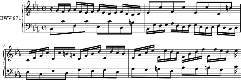 \version "2.18.2"
\header {
tagline = ##f
}
upper = \relative c'' {
\clef treble
\key c \minor
\time 4/4
\tempo 4 = 84
\set Staff.midiInstrument = #"harpsichord"
%% PRÉLUDE CBT II-2, BWV 871, ut mineur
r16 g f g aes f ees f g ees d ees f d c d | ees8 c' f, c' ees, c' d, b' |
c,16 ees g c d, c' b a d, g b d ees, d' c b | ees, aes c ees f, ees' d c f, bes d f g, f' ees d ees
}
lower = \relative c {
\clef bass
\key c \minor
\time 4/4
\set Staff.midiInstrument = #"harpsichord"
c8 c' f, c' ees, c' d, b'! | c,16 g' f g aes f ees f g ees d ees f d c d ees8 c f d g f g ees aes g a f bes a b g | c16
}
\score {
\new PianoStaff <<
\set PianoStaff.instrumentName = #"BWV 871"
\new Staff = "upper" \upper
\new Staff = "lower" \lower
>>
\layout {
\context {
\Score
\remove "Metronome_mark_engraver"
}
}
\midi { }
}