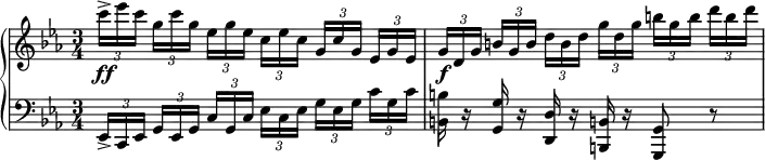 
\version "2.18.2"
\header {
  tagline = ##f
}
upper = \relative c'' {
  \clef treble 
  \key c \minor
  \time 3/4
  \tempo 4 = 78
  \override TupletBracket #'bracket-visibility = ##f 
  %\autoBeamOff

   %%Beethoven Variation en ut mineur n° 29
    \times 2/3 { c'16->\ff ees c } \times 2/3 { g[ c g] } \times 2/3 { ees[ g ees] } \times 2/3 { c[ ees c] } \times 2/3 { g[ c g] } \times 2/3 { ees[ g ees] } 
    \times 2/3 { g16\f d g } \times 2/3 { b![ g b] } \times 2/3 { d[ b d] } \times 2/3 { g[ d g] } \times 2/3 { b![ g b] } \times 2/3 { d[ b d] } 

}

lower = \relative c {
  \clef bass
  \key c \minor
  \time 3/4

    \times 2/3 { ees,16-> c ees } \times 2/3 { g[ ees g] } \times 2/3 { c[ g c] } \times 2/3 { ees[ c ees] } \times 2/3 { g[ ees g] } \times 2/3 { c[ g c] } 
   < b! b, >16 r16 < g g, > r16 < d d, > r16 < b! b, > r16 < g g, >8 r8

}

\score {
  \new PianoStaff <<
    \new Staff = "upper" \upper
    \new Staff = "lower" \lower
  >>
  \layout {
    \context {
      \Score
      \remove "Metronome_mark_engraver"
    }
  }
  \midi { }
}
