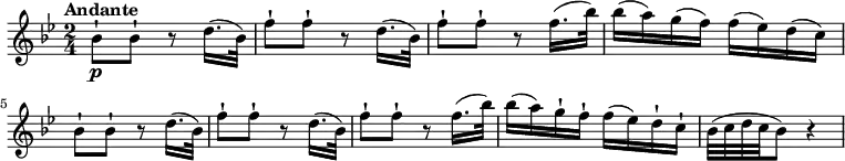 \relative c'' {
\version "2.18.2"
\tempo "Andante"
\key bes \major
\time 2/4
\tempo 4 = 60
bes8-!\p bes8-! r8 d16. (bes32)
f'8-! f-! r8 d16. (bes32)
f'8-! f-! r8 f16. (bes32)
bes16 (a) g (f) f (ees) d (c)
bes8-! bes8-! r8 d16. (bes32)
f'8-! f-! r8 d16. (bes32)
f'8-! f-! r8 f16. (bes32)
bes16 (a) g-! f-! f (ees) d-! c-!
bes32 (c d c bes8) r4
}