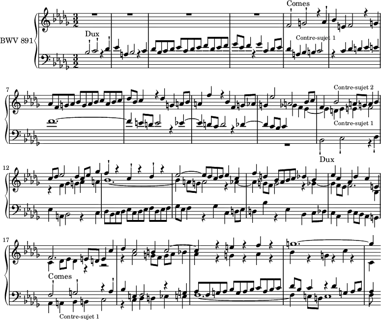 
\version "2.18.2"
\header {
  tagline = ##f
}

DuxNotes = { bes2-! c-! r4 des-! | ees a, bes2 r4 c4 | des8 bes c des ees c des ees f des ees f | ges ees f4 r4 ges c, }
Dux      = { s8*0-\markup{Dux} \DuxNotes }
Comes    = { s8*0-\markup{Comes} \transpose bes f \relative { \DuxNotes }  }

ContreSA = { d4-\markup{\tiny "Contre-sujet 1"} ees e f2 | r4 f4 ges g aes a | bes1.~ bes4 a8 g a2 r4 aes4~ | aes }
ContreSAc = { d4-\markup{\tiny "Contre-sujet 1"} ees e f2 | r4 f4 ges g aes a | bes1.~ bes4 a8 g a1 }
ContreSB = { bes2-\markup{\tiny "Contre-sujet 2"} a8 g a4 bes | c8 des ees2 des4 c8 ees ges4 | f-! r4 c-! r4 des-! r4 | ees2~ ees8 des c des ees4 c | f }
%%%%%%% avé les couleurs :
%Dux      = { s8*0-\markup{Dux} \override NoteHead.color = #red \DuxNotes \override NoteHead.color = #black }
%Comes    = { s8*0-\markup{Comes} \transpose bes f \relative { \override NoteHead.color = #blue \DuxNotes \override NoteHead.color = #black }  }

%ContreSA = { \override NoteHead.color = #green d4-\markup{\tiny "Contre-sujet 1"} ees e f2 | r4 f4 ges g aes a | bes1.~ bes4 a8 g a2 r4 aes4~ | aes \override NoteHead.color = #black }
%ContreSAc = { \override NoteHead.color = #green d4-\markup{\tiny "Contre-sujet 1"} ees e f2 | r4 f4 ges g aes a | bes1.~ bes4 a8 g a1 }
%ContreSB = { \override NoteHead.color = #grey bes2-\markup{\tiny "Contre-sujet 2"} a8 g a4 bes | c8 des ees2 des4 c8 ees ges4 | f-! r4 c-! r4 des-! r4 | ees2~ ees8 des c des ees4 c | f \override NoteHead.color = #black }

upper = \relative c'' {
  \clef treble 
  \key bes \minor
  \time 3/2
  \tempo 2 = 72 % tempo de Keller
  \set Staff.midiInstrument = #"harpsichord" 

   %% FUGUE CBT II-21, BWV 890, si-bémol mineur
   
   << { R1.*4 \transpose c c' { \Comes } a8 bes a4 f'4 r4 bes, f g8 aes g4 ees'2 a, bes8 c f,4 \ContreSB } \\ { s1.*9 s2. ges,4 f ees~ ees \ContreSA } >>
   << { d4 bes8 aes bes c des4 bes ees c aes des c e, | f2. e8 d e4 c' | des c2 b4 c2~ c4 r4 e4 r4 f r4 g1.~ g4 } \\ { g,8 f g2 r4 ges4~ ges f8 ees f2. bes,4 | c4 des8 ees des4 r4 r2 | r4 aes'2 g8 f g aes bes4 aes r4 g r4 aes r4 | bes r4 g r4 c r4 | c, } >>
}

lower = \relative c' {
  \clef bass 
  \key bes \minor
  \time 3/2
  \set Staff.midiInstrument = #"harpsichord" 
    
   << { \Dux des8 ees des4 \transpose d a \relative { \ContreSA } d8 c d2 r4 des4~ des c8 bes c4 s2. | s1.*6 | \Comes aes8 bes aes4 } \\ { s1.*9 R1 s2 \relative c { \Dux d8 ees d4 bes' r4 ees, bes c8 des | c4 aes des c8 bes aes4 g aes \transpose d a, \relative c { \ContreSAc } f'8 } } >>
    
} 

\score {
  \new PianoStaff <<
    \set PianoStaff.instrumentName = #"BWV 891"
    \new Staff = "upper" \upper
    \new Staff = "lower" \lower
  >>
  \layout {
    \context {
      \Score
      \remove "Metronome_mark_engraver"
      \override SpacingSpanner.common-shortest-duration = #(ly:make-moment 1/2)
    }
  }
  \midi { }
}
