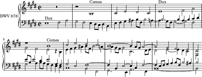 \version "2.18.2"
\header {
tagline = ##f
}
Dux = { e1^\markup{Dux} fis2 a gis fis }
DuxDim = { e2^\markup{Dux diminué} fis4 a gis fis } % mes. 27
Comes = { b1^\markup{Comes} cis2 e dis cis }
ComesDim = { b2^\markup{Comes diminué} cis4 e dis cis }
ContreSujetMi = { e4 fis gis ais b8 fis b2 a4~ a } % mes. 3 et 6
ContreSujetLa = { a4 b cis dis e8 b e2 dis4 \tag #'print e2 \tag #'midi r2 } % mes. 4 en raison du double mi (plus fort en midi)
upper = \relative c' {
\clef treble
\key e \major
\override Staff.TimeSignature #'stencil = #ly:text-interface::print
\override Staff.TimeSignature #'text = \markup \musicglyph #"timesig.C22"
\time 4/2
\tempo 2 = 60
\set Staff.midiInstrument = #"harpsichord"
%% FUGUE CBT II-9, BWV 878, mi majeur
R1*2 r1 \Comes
<< { s1*2 r1 \relative c'' \Comes b'1~ b4 a8 gis a2~ | a gis fis e | dis } \\ { \relative c' \Dux e2 r4 b4 \ContreSujetMi gis8 fis gis2 cis,2. dis8 e dis2 e~ e4 dis cis2 fis, } >>
}
lower = \relative c {
\clef bass
\key e \major
\override Staff.TimeSignature #'stencil = #ly:text-interface::print
\override Staff.TimeSignature #'text = \markup \musicglyph #"timesig.C22"
\time 4/2
\set Staff.midiInstrument = #"harpsichord"
\Dux << { s1*3 b2. b4 \ContreSujetLa gis,4 fis gis2 e fis1~ fis4 b,4 e2~ e4 cis4 fis2~ fis4 e8 fis gis4 a b8 fis b2 ais4 b2 } \\ { e,4 dis8 cis dis4 b \ContreSujetMi gis8 fis gis2~ gis fis gis a4 b8 a gis4 fis e dis
cis1 b2 fis gis2. e4 a2. fis4 b\breve~ b2} >>
}
thePianoStaff = \new PianoStaff <<
\set PianoStaff.instrumentName = #"BWV 878"
\new Staff = "upper" \upper
\new Staff = "lower" \lower
>>
\score {
\keepWithTag #'print \thePianoStaff
\layout {
\context {
\Score
\remove "Metronome_mark_engraver"
\override SpacingSpanner.common-shortest-duration = #(ly:make-moment 1/2)
}
}
}
\score {
\keepWithTag #'midi \thePianoStaff
\midi { }
}