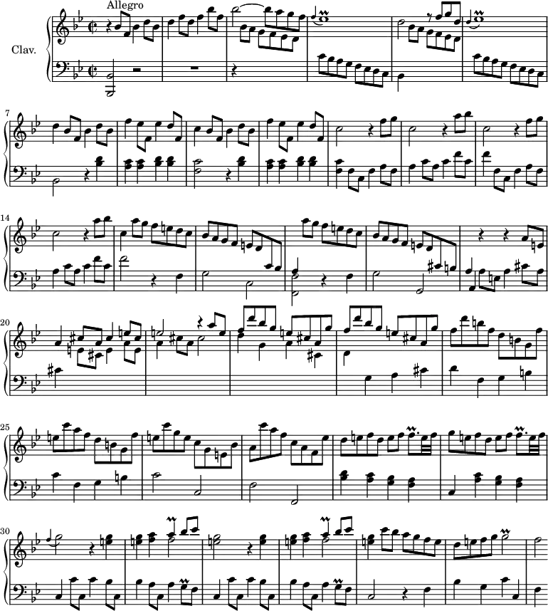 
\version "2.18.2"
\header {
  tagline = ##f
  % composer = "Domenico Scarlatti"
  % opus = "K. 272"
  % meter = "Allegro"
}

%% les petites notes
trillA         = { \tag #'print { a4\prall } \tag #'midi { bes16 a bes a } }
trillFqp       = { \tag #'print { f8.\prall } \tag #'midi { \times 2/3 { f16 g f~ } f16 } }
appoFEesp      = { \tag #'print { \appoggiatura f4 ees1\prall } \tag #'midi { f4 ees8~ f16 ees f ees f ees~ ees4  } }
appoDEesp      = { \tag #'print { \appoggiatura d4 ees1\prall } \tag #'midi { d4 ees8~ f16 ees f ees f ees~ ees4  } }
appoFGb        = { \tag #'print { \appoggiatura f4 g2 } \tag #'midi { d4 g4 } }
trillGq        = { \tag #'print { g8\prall } \tag #'midi { \times 2/3 { g16 a g } } }
trillGb        = { \tag #'print { g2\prall } \tag #'midi { a16 g a g~ g4  } }

upper = \relative c'' {
  \clef treble 
  \key bes \major
  \time 2/2
  \tempo 2 = 94
  \set Staff.midiInstrument = #"harpsichord"
  \override TupletBracket.bracket-visibility = ##f

      s8*0^\markup{Allegro}
      r4 bes8 f bes4 d8 bes | d4 f8 d f4 bes8 f | bes2~ bes8 a g f | \appoFEesp |
      % ms. 5
      d2 f8\rest  \stemUp  f8 g d \stemNeutral | \appoDEesp | d4 bes8 f bes4 d8 bes | f'4 ees8 f, ees'4 d8 f, |
      % ms. 9
      c'4 bes8 f bes4 d8 bes | f'4 ees8 f, ees'4 d8 f, | \repeat unfold 2 { c'2 r4 f8 g | c,2 r4 a'8 bes } |
      % ms. 15
      c,4 a'8 g f e d c | bes a g f e d \stemUp \change Staff = "lower" c bes |
      % ms. 17
      a4 \stemNeutral   \change Staff = "upper" a''8 g f e d c | bes a g f e d \stemUp  \change Staff = "lower" cis b | a4 \stemNeutral   \change Staff = "upper" r4 r4 a'8 e | a4 \stemUp cis8 a cis4 e8 cis |
      % ms. 21
      e2 r4 a8 e | \repeat unfold 2 { f d' bes g e cis a g' } \stemDown | f d' b f d b g f' |
      % ms. 25
      e8 c' a f d b g f' | e c' g e c g e bes' | a c' a f c a f ees' | d e f d e f \trillFqp e32 f |
      % ms. 29
      g8 e f d e f \trillFqp e32 f | \appoFGb r4 < e g >4 | q < f a > << { \trillA bes8 c } \\ { f,2 } >>
      % ms. 33
      < e g >2 r4 < e g >4 | q < f a > << { \trillA bes8 c } \\ { f,2 } >> | < e g >4 c'8 bes a g f e | d e f g \trillGb | f2*1/2

}

lower = \relative c' {
  \clef bass
  \key bes \major
  \time 2/2
  \set Staff.midiInstrument = #"harpsichord"
  \override TupletBracket.bracket-visibility = ##f

    % **************************************
      < bes, bes, >2 r2 | R1 | r4 \stemDown \change Staff = "upper" bes''8 a g f ees d | \stemNeutral \change Staff = "lower" c bes a g f ees d c |
      % ms. 5
      bes4 \stemDown \change Staff = "upper" bes''8 a g f ees d | \stemNeutral \change Staff = "lower" c bes a g f ees d c | bes2 r4 | < bes' d >4 | < a c > q < bes d > q | 
      % ms. 9
      < f c' >2 r4 < bes d >4 | < a c > q < bes d > q |  < f c' > f8 c f4 a8 f | a4 c8 a c4 f8 c |
      % ms. 13
      f4 f,8 c f4 a8 f | a4 c8 a c4 f8 c | f2 r4 f,4 | g2 c, | \stemDown
      % ms. 17
      < f, f' >2 r4 \stemNeutral f'4 | g2 g, | \shiftOn a4 a'8 e a4 cis8 a | cis4 \stemDown \change Staff = "upper" e8 cis e4 a8 e |
      % ms. 21
      a4 cis8 a cis2 | d4 g, a cis, | d \stemNeutral \change Staff = "lower" g,4 a cis | d f, g b |
      % ms. 25
      c4 f, g b | c2 c, | f f, | < bes' d >4 \repeat unfold 2 { < a c > < g bes > < f a >
      % ms. 31
      c4 } c'8 c, c'4 bes8 c, | bes'4 a8 c, a'4 \trillGq f8 |
      % ms. 33
      c4 c'8 c, c'4 bes8 c, | bes'4 a8 c, a'4 \trillGq f8 | c2 r4 f4 | bes g c c, | f4

}

thePianoStaff = \new PianoStaff <<
    \set PianoStaff.instrumentName = #"Clav."
    \new Staff = "upper" \upper
    \new Staff = "lower" \lower
  >>

\score {
  \keepWithTag #'print \thePianoStaff
  \layout {
      #(layout-set-staff-size 17)
    \context {
      \Score
     \override SpacingSpanner.common-shortest-duration = #(ly:make-moment 1/2)
      \remove "Metronome_mark_engraver"
    }
  }
}

\score {
  \keepWithTag #'midi \thePianoStaff
  \midi { }
}
